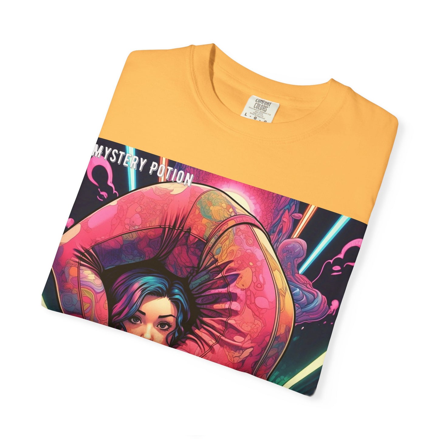 Mystery Potion Extreme Yoga Pose Unisex Garment-Dyed T-shirt, Artistic Tee, Vibrant Graphic Shirt, Unique Gift, Festival Wear, Comfortable Casual Top