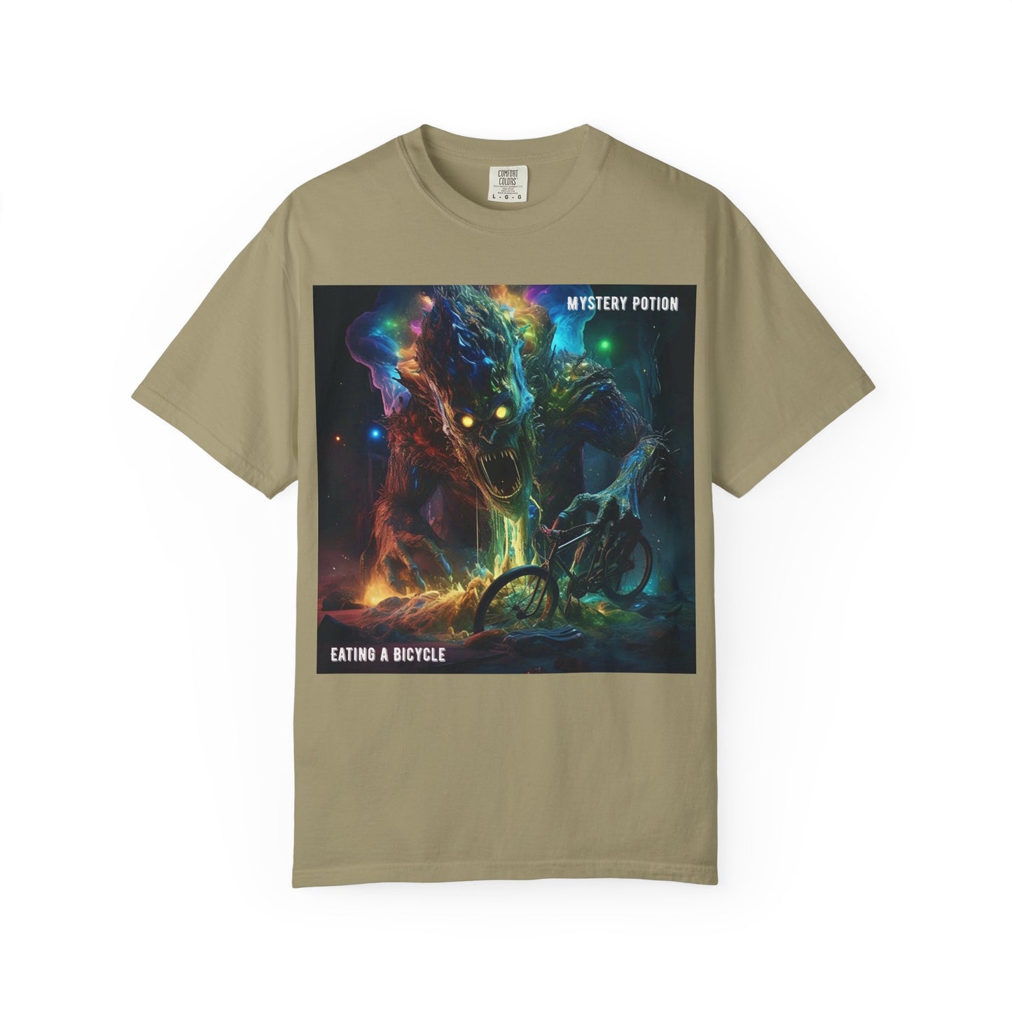 'Eating a Bicycle' by Mystery Potion, Unisex Garment-Dyed T-shirt, Monster Over City