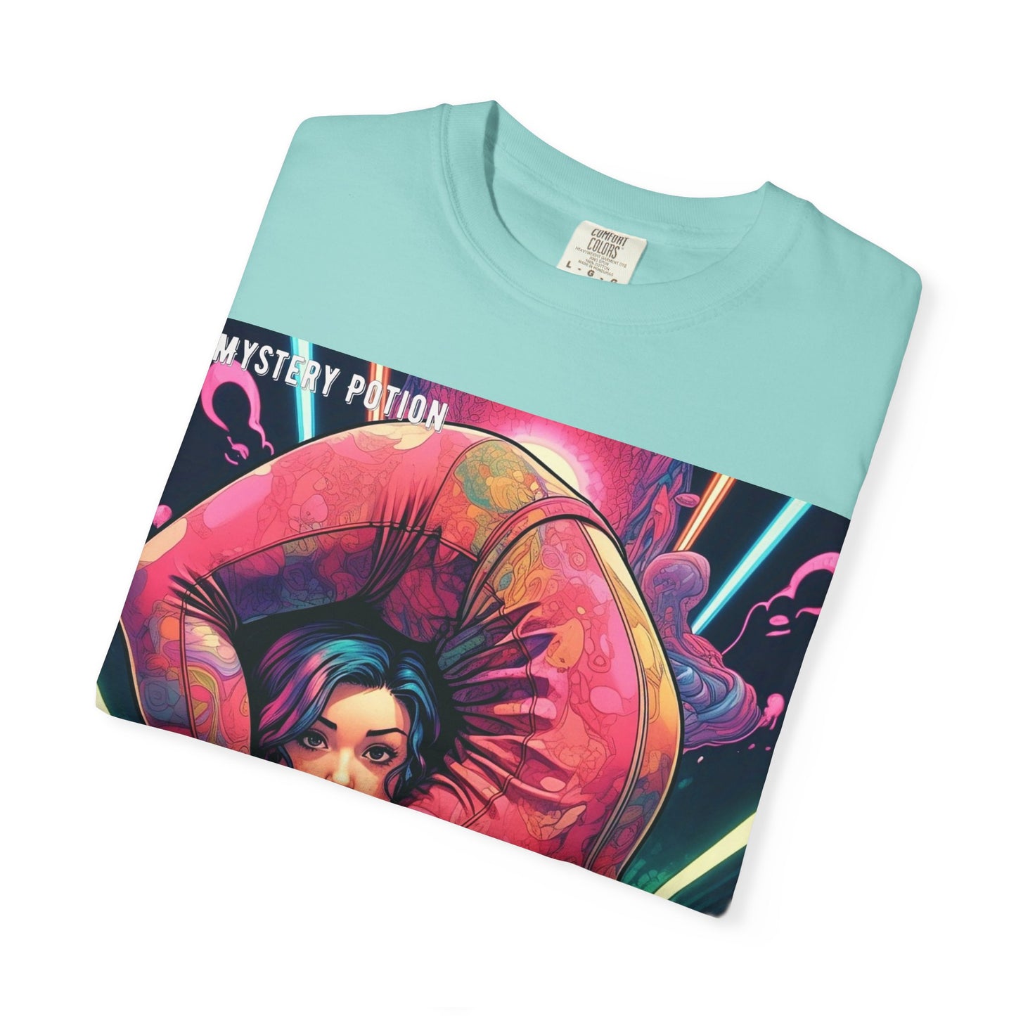 Mystery Potion Extreme Yoga Pose Unisex Garment-Dyed T-shirt, Artistic Tee, Vibrant Graphic Shirt, Unique Gift, Festival Wear, Comfortable Casual Top