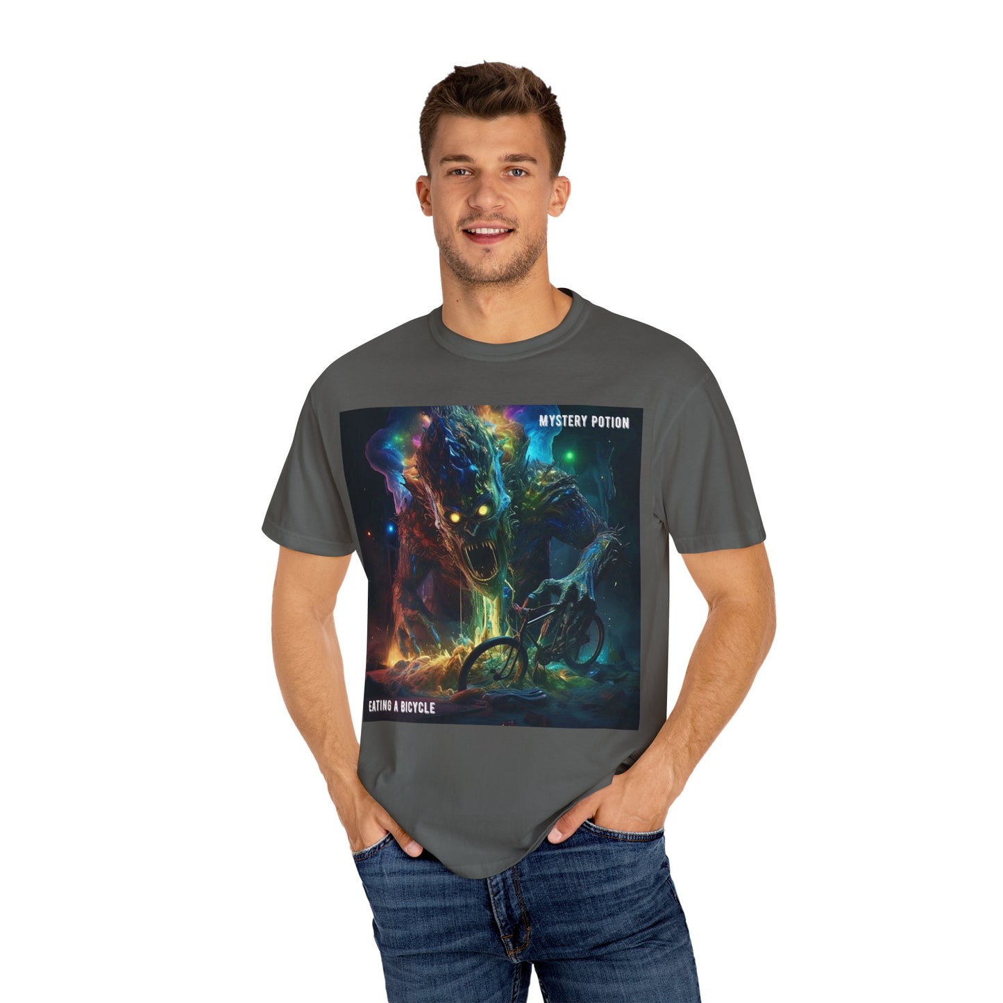 'Eating a Bicycle' by Mystery Potion, Unisex Garment-Dyed T-shirt, Monster Over City