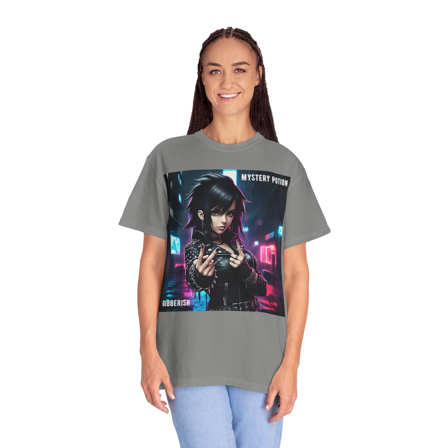 'Gibberish' by Mystery Potion, Cyberpunk Manga Graphic T-Shirt, Edgy Streetwear, Unisex Tee, Vintage Look, Gaming Style, Art Lover Gift