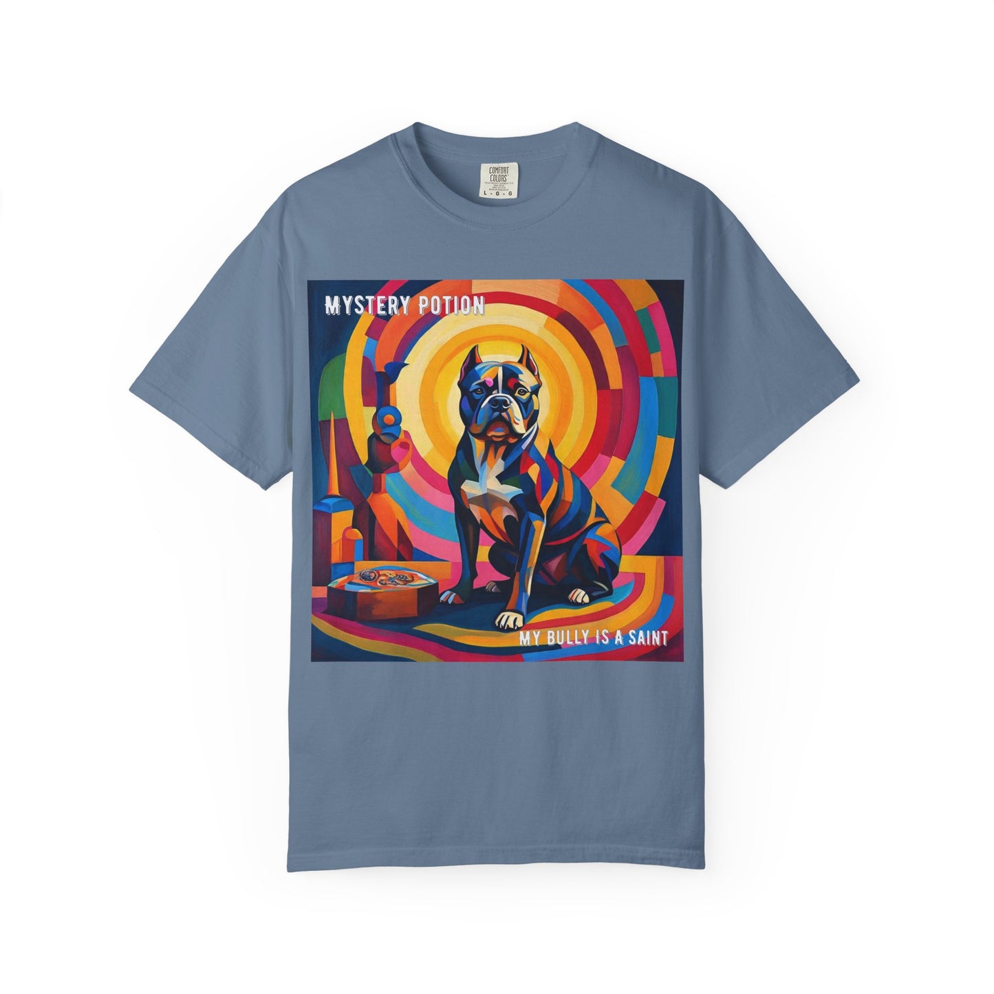 'My Bully Is A Saint' by Mystery Potion Colorful Dog Art T-shirt, Unisex Graphic Tee by Mystery Potion, Perfect for Pet Lovers, Comfy Casual Wear, Great Gift for Dog Lovers