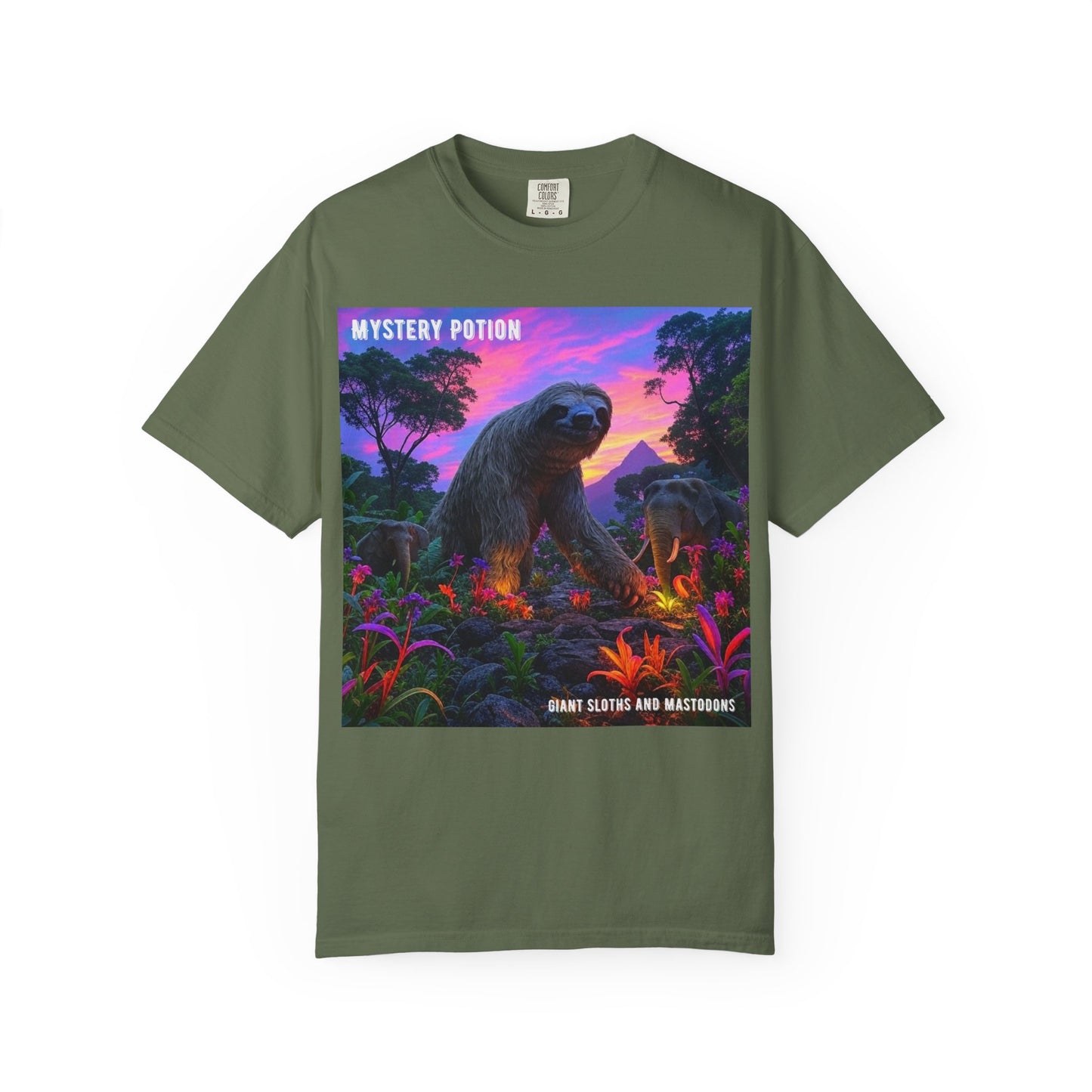 Mystery Potion's Giant Sloths and Mastodons Graphic T-Shirt | Unisex Garment-Dyed Tee for Nature Lovers, Unique Gift, Festival Wear, Prehistoric Design