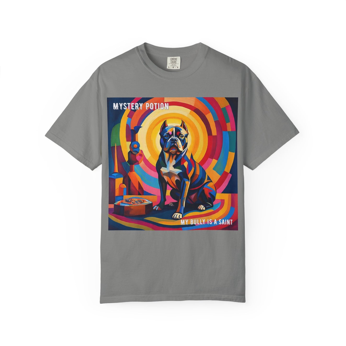 'My Bully Is A Saint' by Mystery Potion Colorful Dog Art T-shirt, Unisex Graphic Tee by Mystery Potion, Perfect for Pet Lovers, Comfy Casual Wear, Great Gift for Dog Lovers