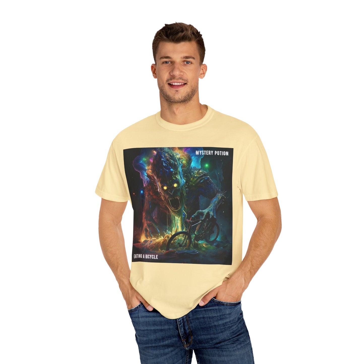 'Eating a Bicycle' by Mystery Potion, Unisex Garment-Dyed T-shirt, Monster Over City