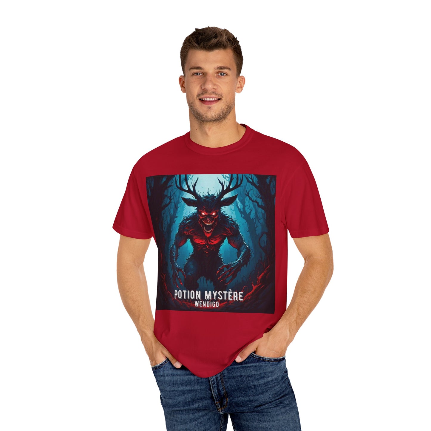 Mystical Wendigo T-Shirt, Unisex Garment-Dyed Tee, Potion Mystère Shirt, Halloween Apparel, Unique Graphic Tee