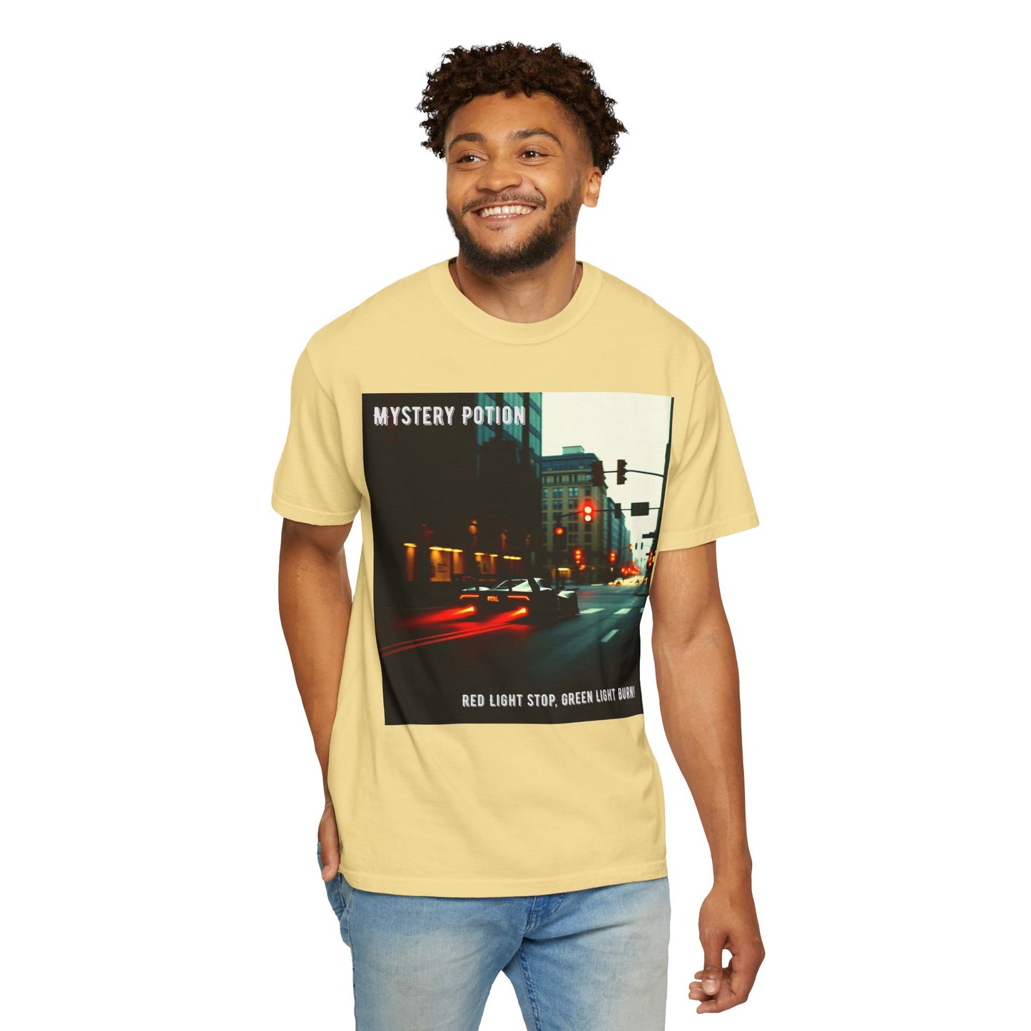 'Red Light Stop, Green Light Burn' by Mystery Potion Urban Vibe T-Shirt, Street Art T-Shirt, Fashion Tee, Gift for Art Lovers, Unisex Cotton Shirt, Unique Graphic Tee