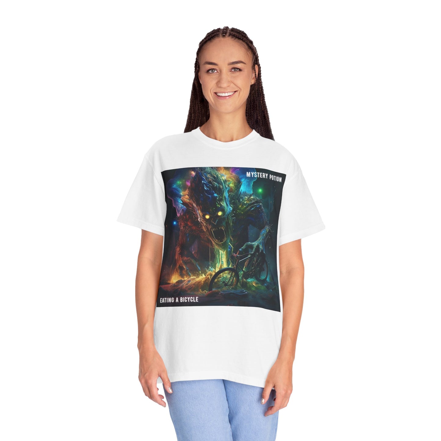 'Eating a Bicycle' by Mystery Potion, Unisex Garment-Dyed T-shirt, Monster Over City