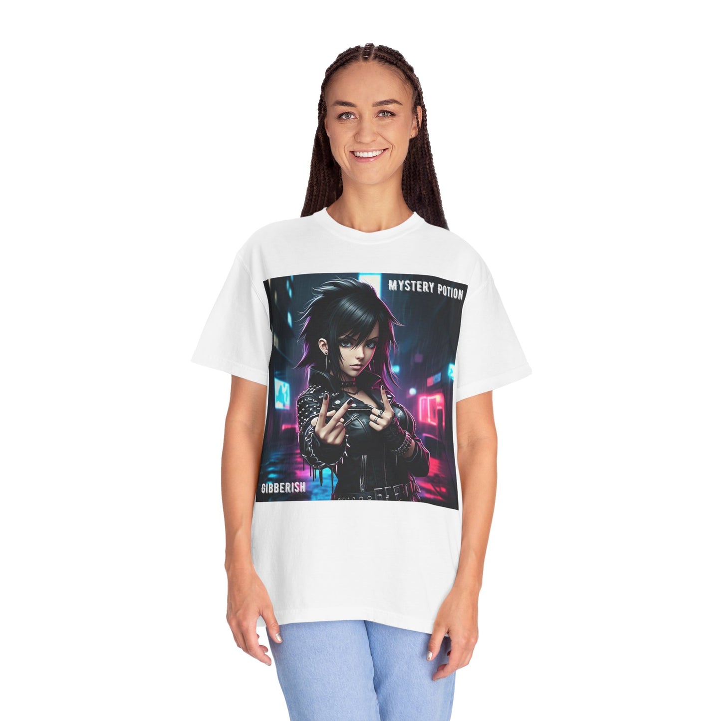 'Gibberish' by Mystery Potion, Cyberpunk Manga Graphic T-Shirt, Edgy Streetwear, Unisex Tee, Vintage Look, Gaming Style, Art Lover Gift