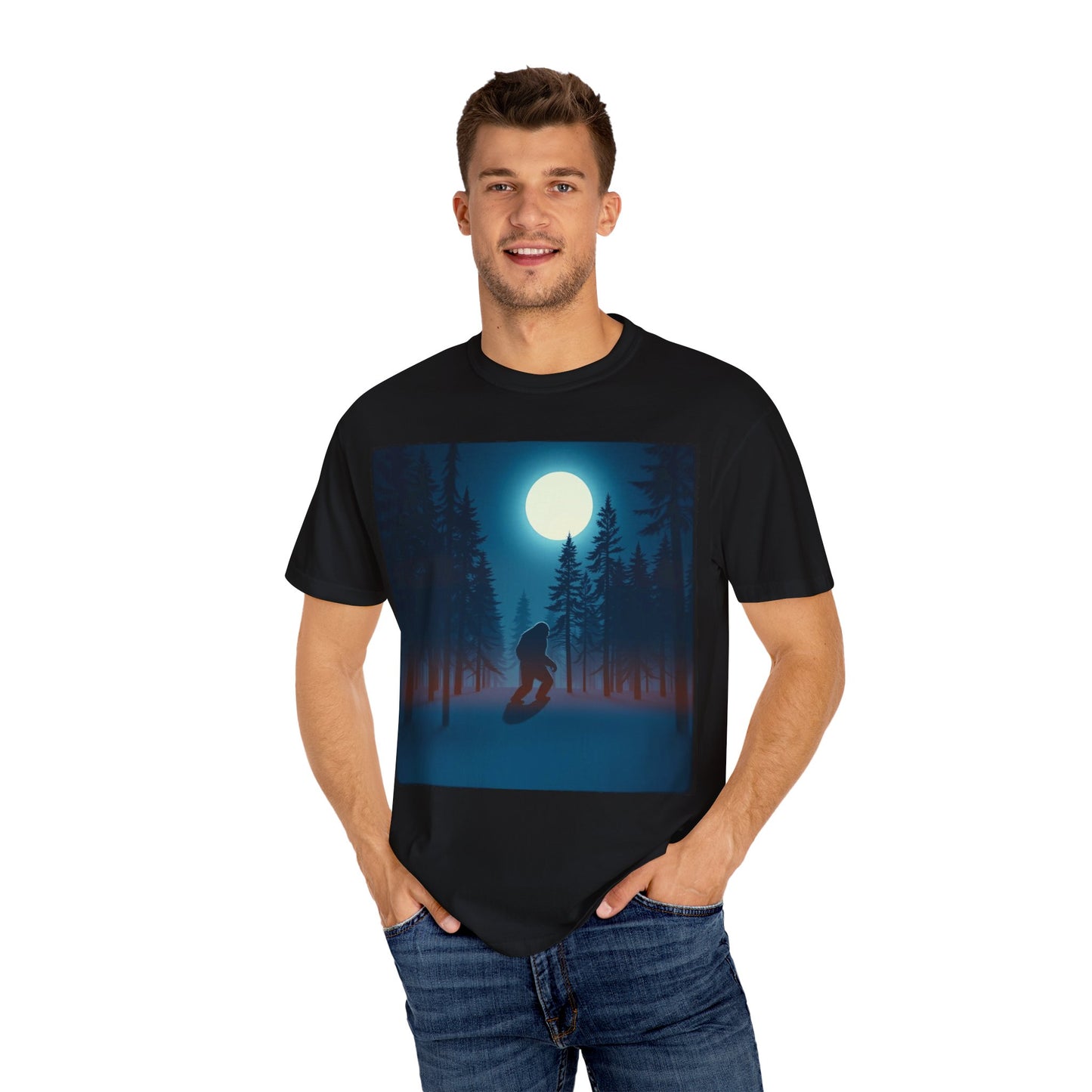 Moonlit Forest Snowboarder T-Shirt, Cozy Adventure Tee, Winter Sports Gift, Unisex Apparel, Outdoor Vibes
