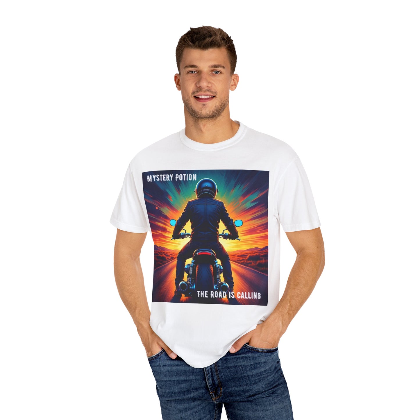 'The Road is Calling' by Mystery Potion Adventure T-Shirt, Motorcycle Gift, Road Trip Tee, Vintage Style Shirt, Unisex Graphic Tee, Outdoor Enthusiast Apparel