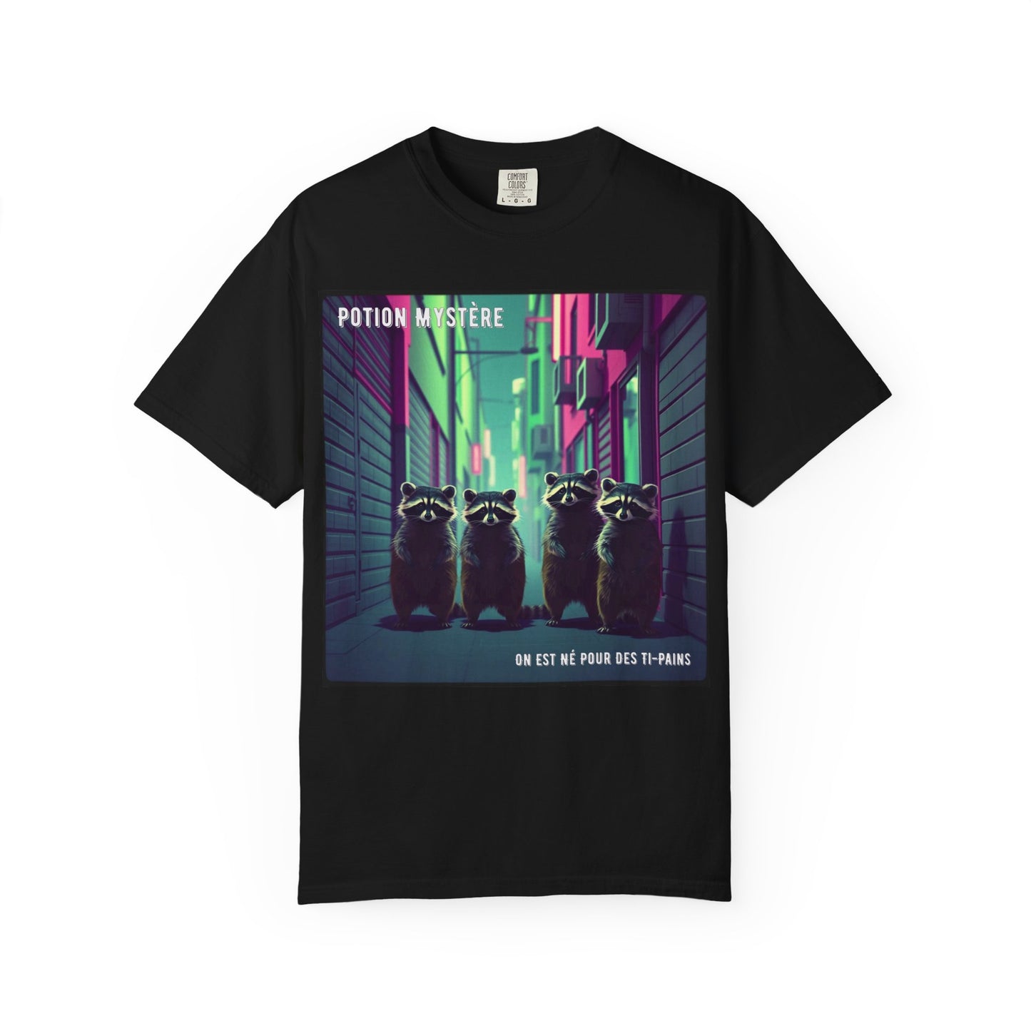 'On Est Né Pour Des Ti Pains' par Potion Mystère, Racoons Graphic Tee for Nature Lovers, Unisex Shirt for Pop Punk Song, Gift for Gamers, Casual Wear, Eco-Friendly Apparel