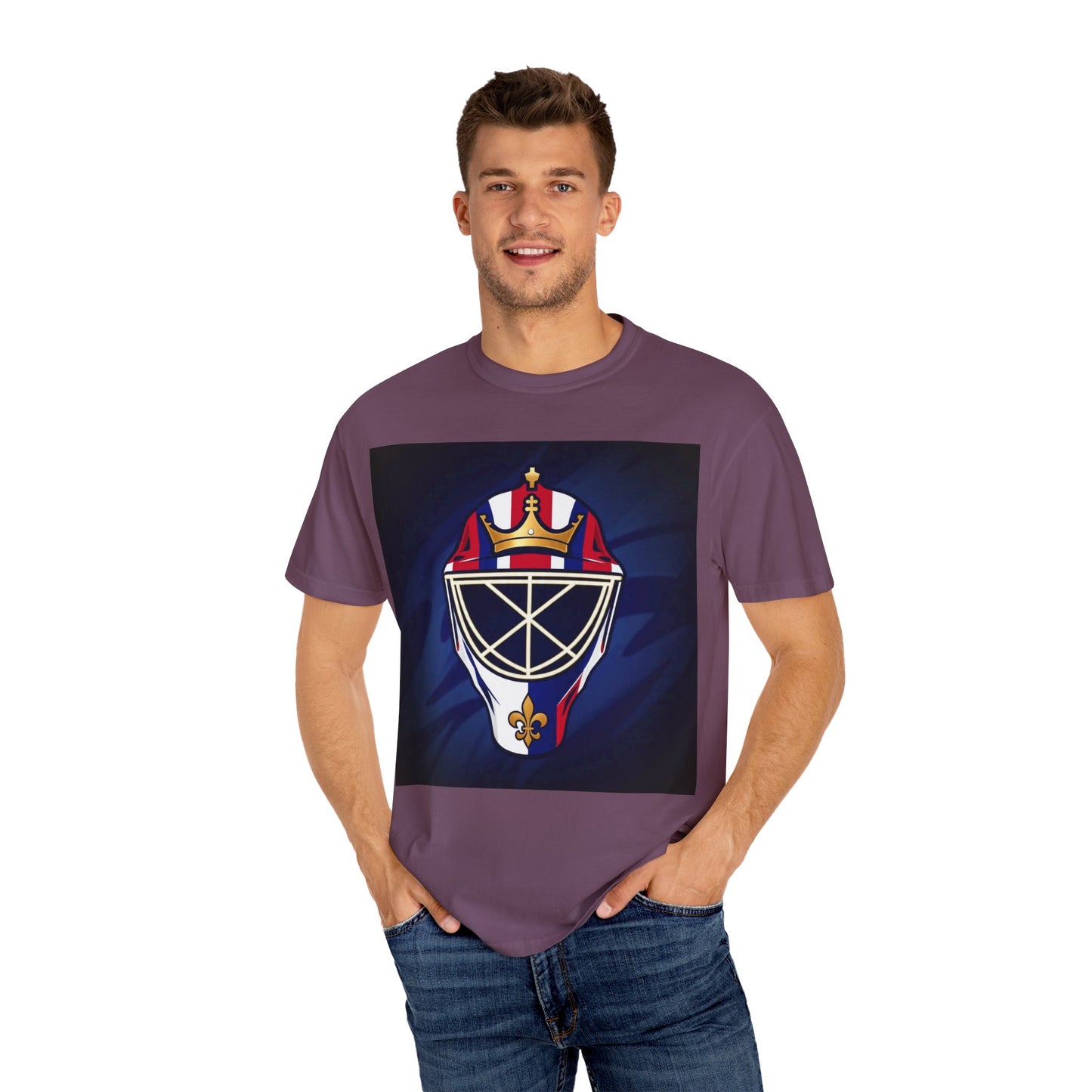 Regal Crown Goalie Mask Graphic T-shirt, Unisex Fashion Tee, Red, White and Blue Casual Wear, Gift for Her/Him, Summer Style, Graphic Apparel, Streetwear