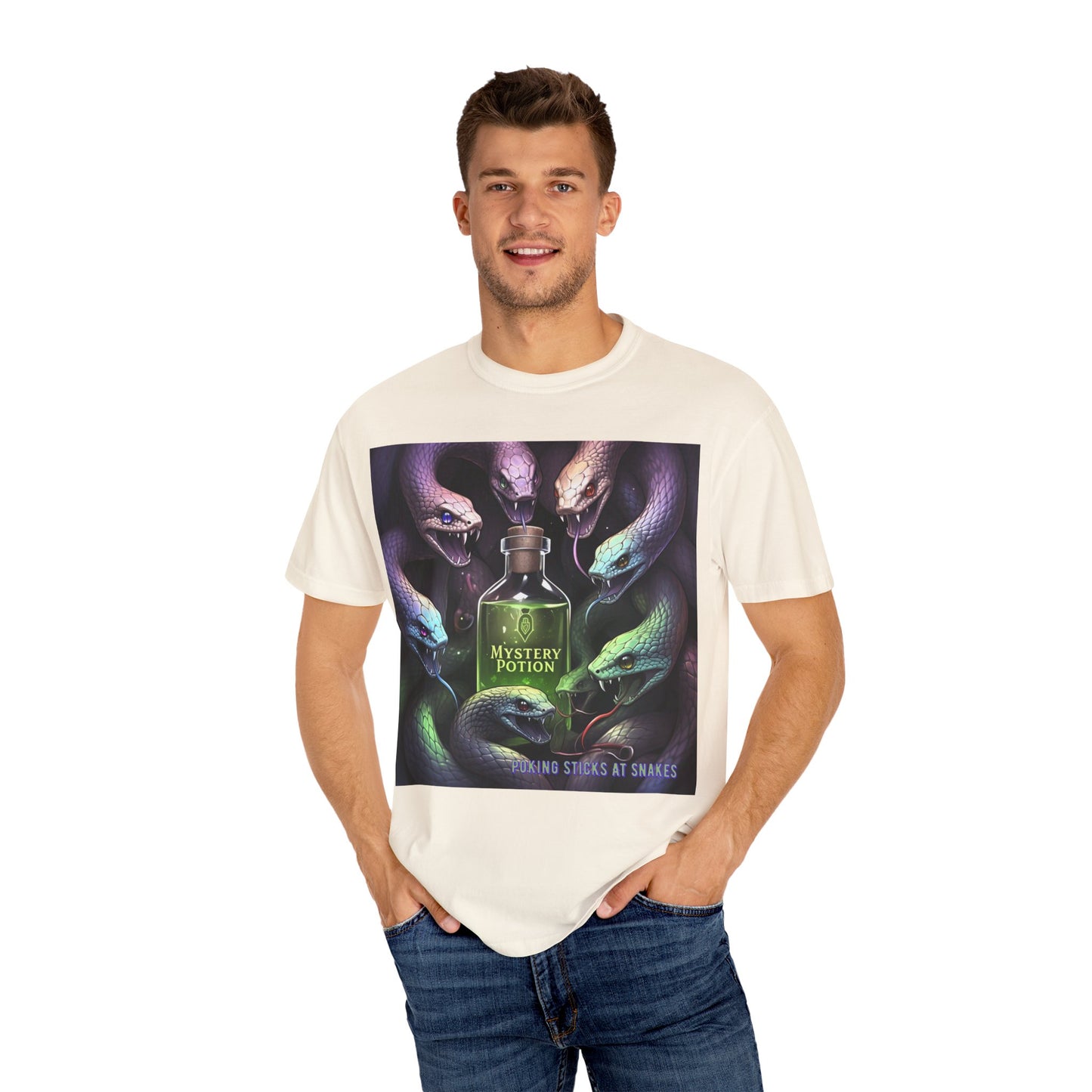 'Poking Sticks At Snakes' by Mystery Potion, Unisex T-shirt | Snakes Design | Perfect for Halloween, Gifts, Cozy Wear, Unique Apparel, Vintage Vibe