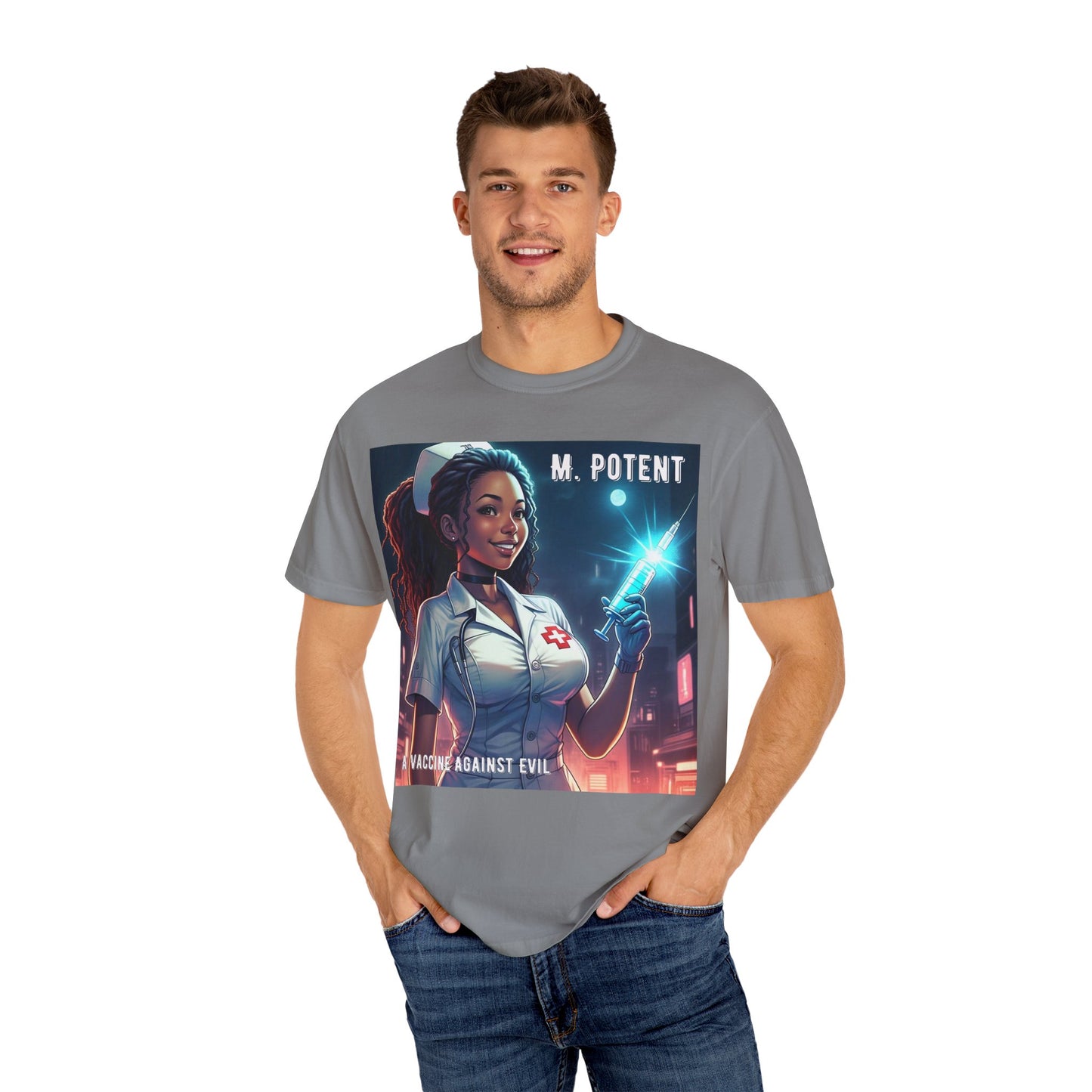 M. Potent's 'A Vaccine Against Evil', Medicine-Themed Unisex T-Shirt, Positive Vibes, Great for Nurses, Vaccination Awareness, Gift for Healthcare Workers