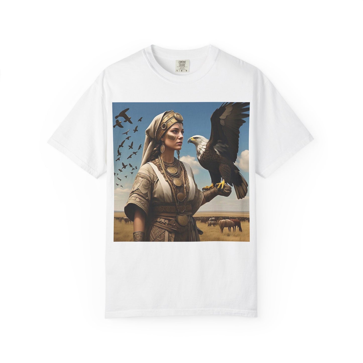 Empowered Eagle and Scythian Woman T-Shirt, Unisex Garment-Dyed Tee, Nature Lover Shirt, Gift for Bird Enthusiasts, Unique Graphic Tee