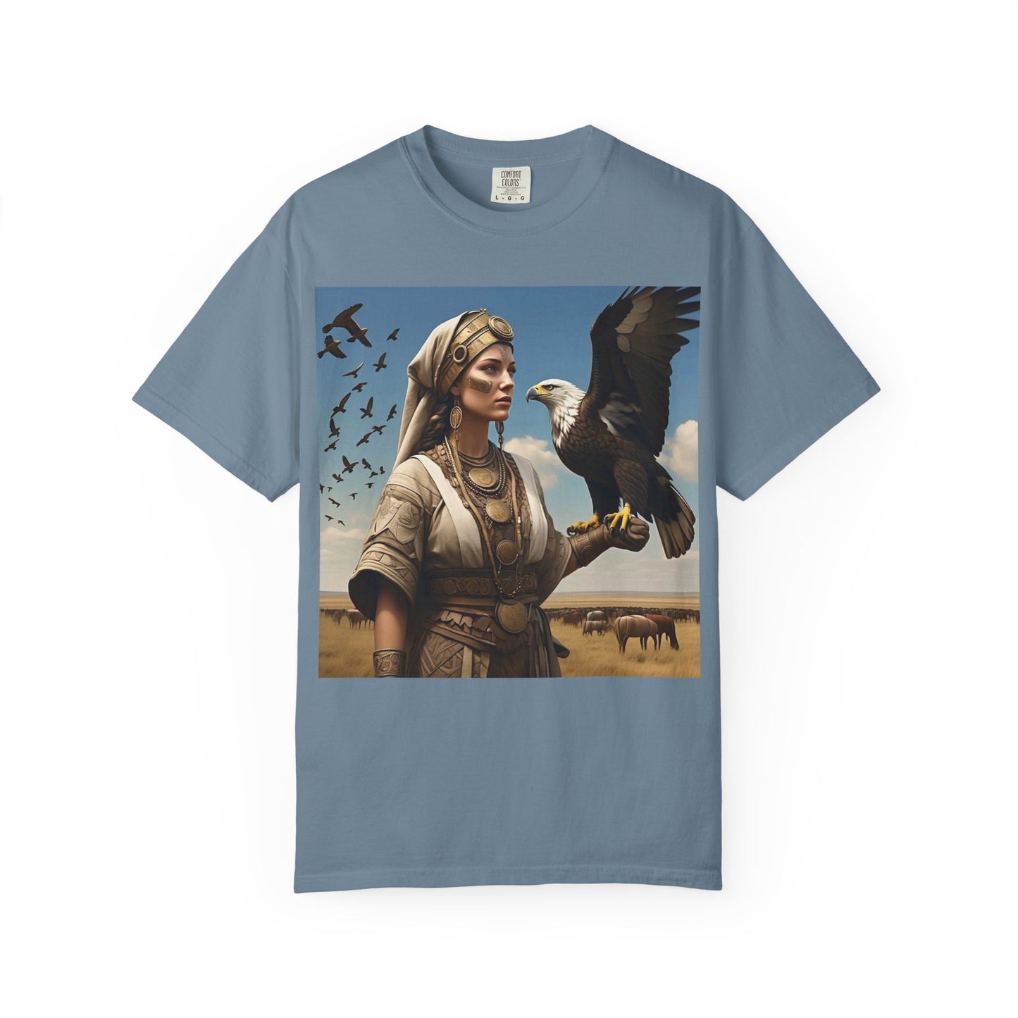 Empowered Eagle and Scythian Woman T-Shirt, Unisex Garment-Dyed Tee, Nature Lover Shirt, Gift for Bird Enthusiasts, Unique Graphic Tee
