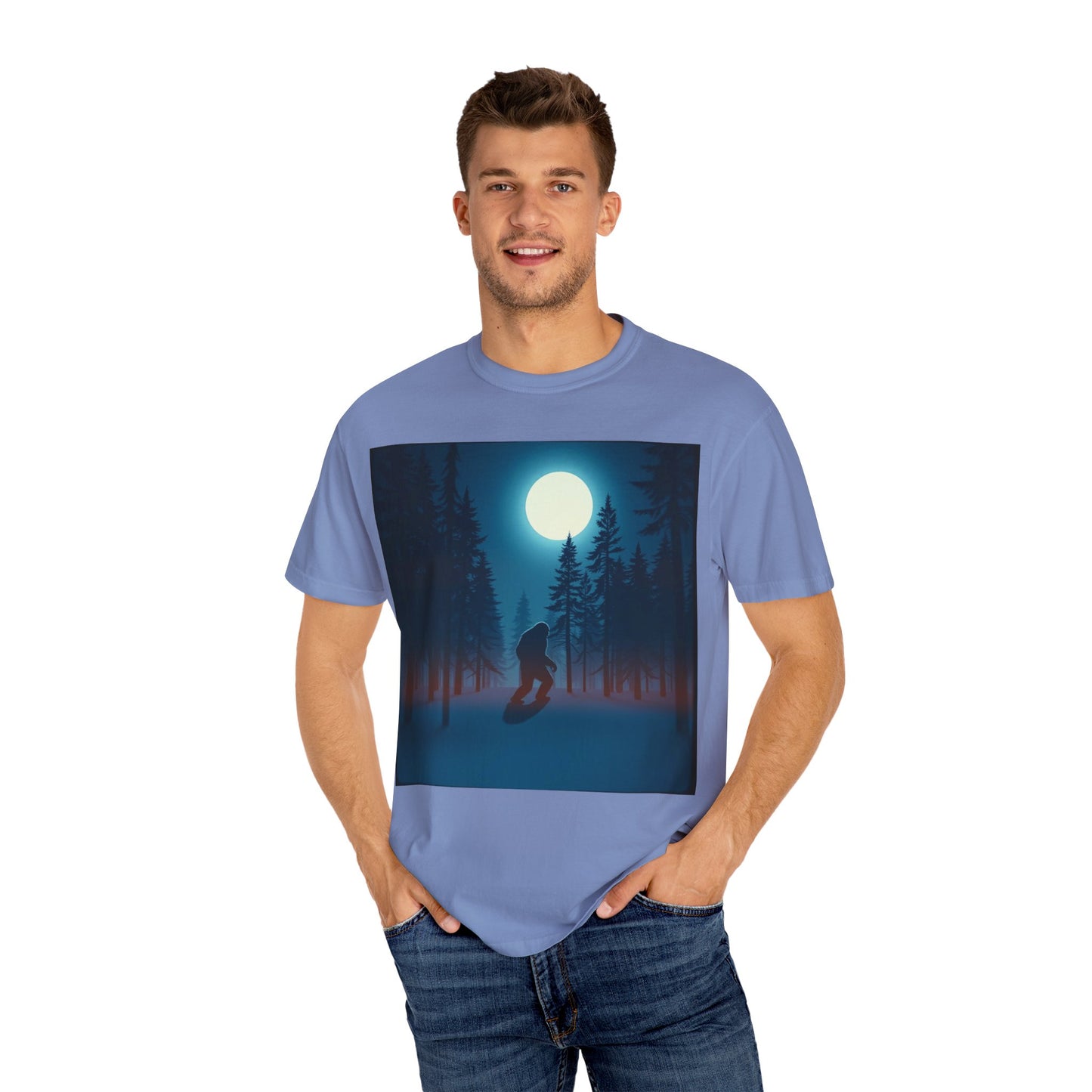 Moonlit Forest Snowboarder T-Shirt, Cozy Adventure Tee, Winter Sports Gift, Unisex Apparel, Outdoor Vibes
