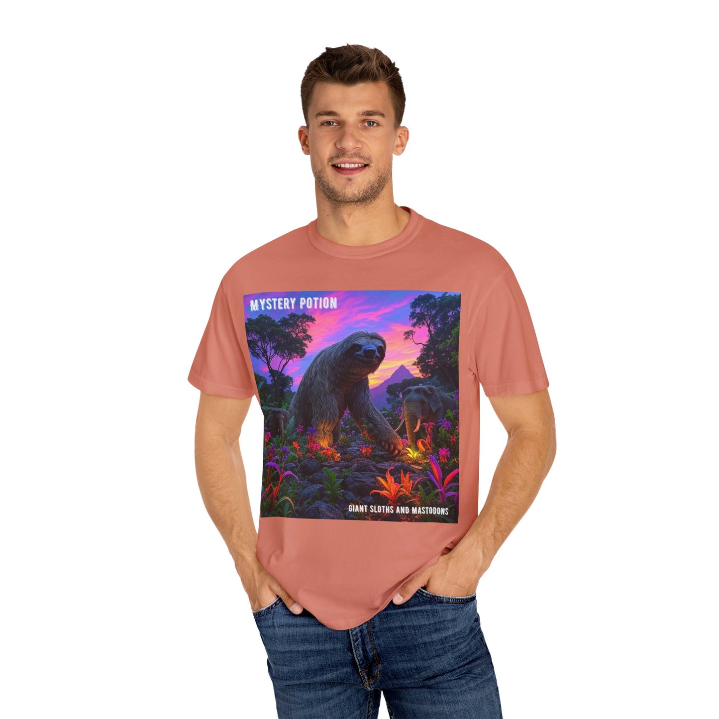 Mystery Potion's Giant Sloths and Mastodons Graphic T-Shirt | Unisex Garment-Dyed Tee for Nature Lovers, Unique Gift, Festival Wear, Prehistoric Design