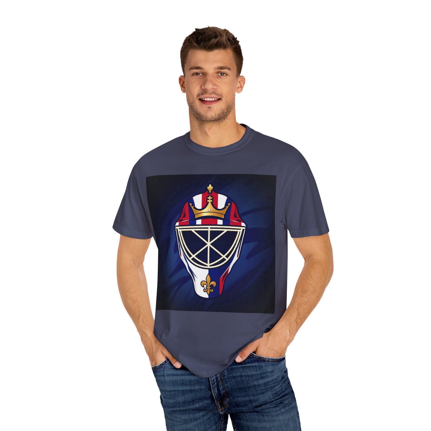 Regal Crown Goalie Mask Graphic T-shirt, Unisex Fashion Tee, Red, White and Blue Casual Wear, Gift for Her/Him, Summer Style, Graphic Apparel, Streetwear