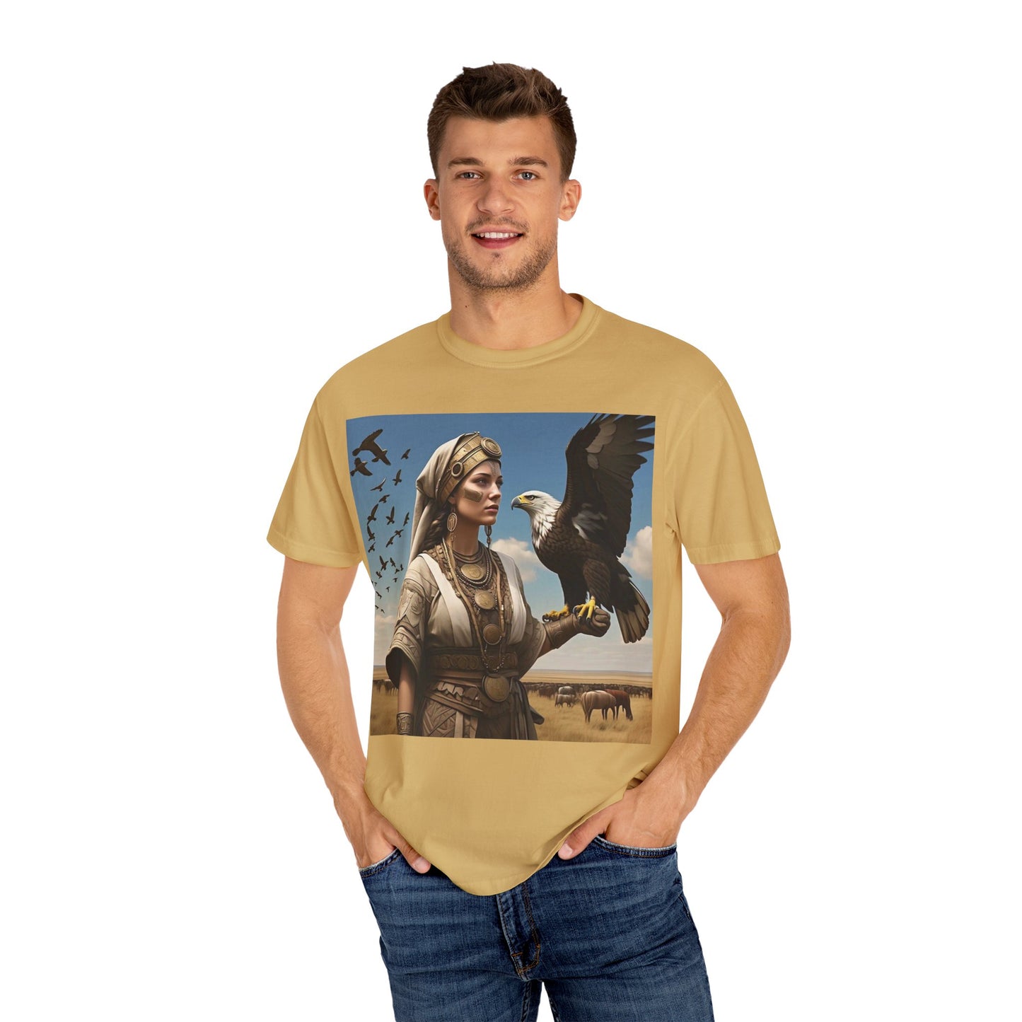 Empowered Eagle and Scythian Woman T-Shirt, Unisex Garment-Dyed Tee, Nature Lover Shirt, Gift for Bird Enthusiasts, Unique Graphic Tee