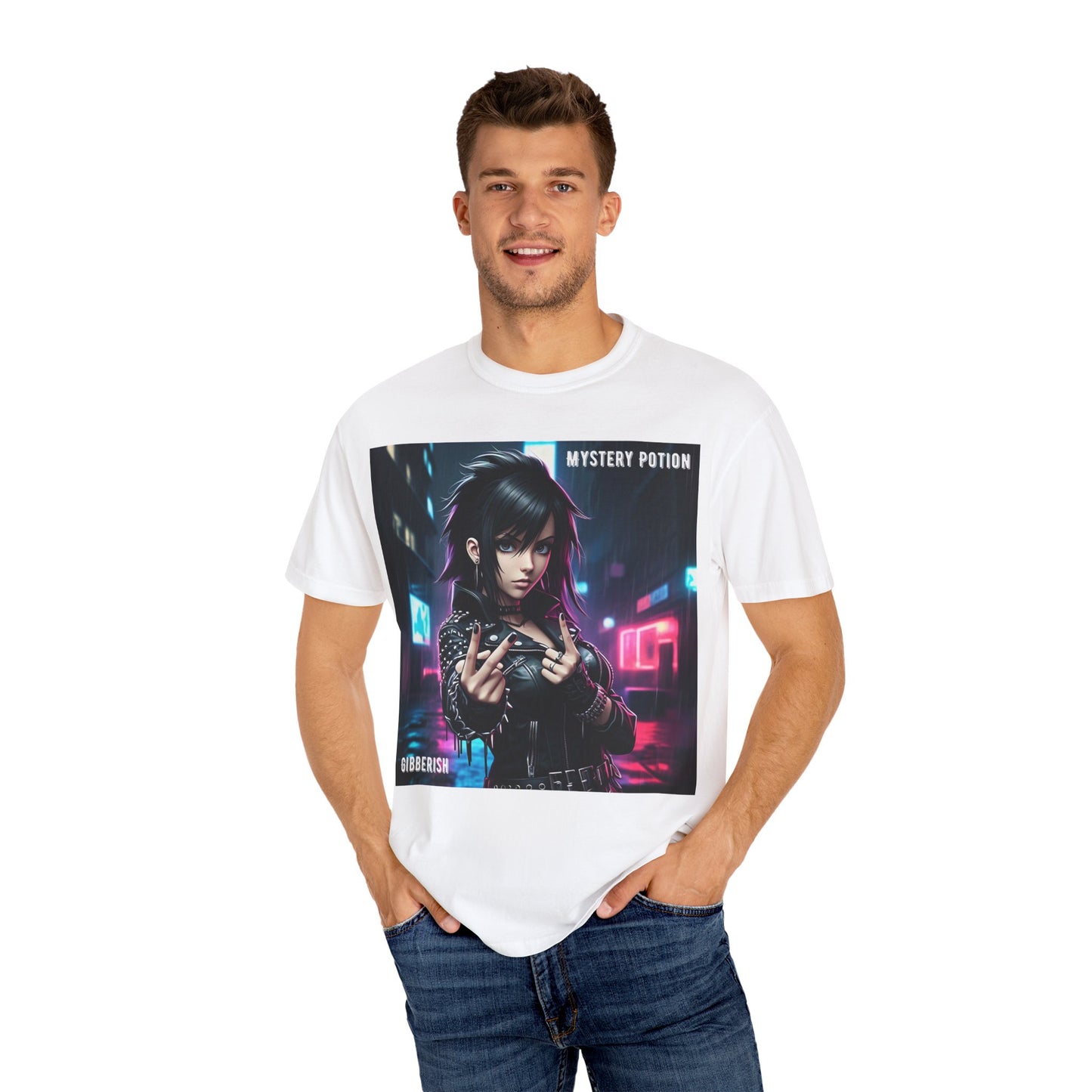 'Gibberish' by Mystery Potion, Cyberpunk Manga Graphic T-Shirt, Edgy Streetwear, Unisex Tee, Vintage Look, Gaming Style, Art Lover Gift