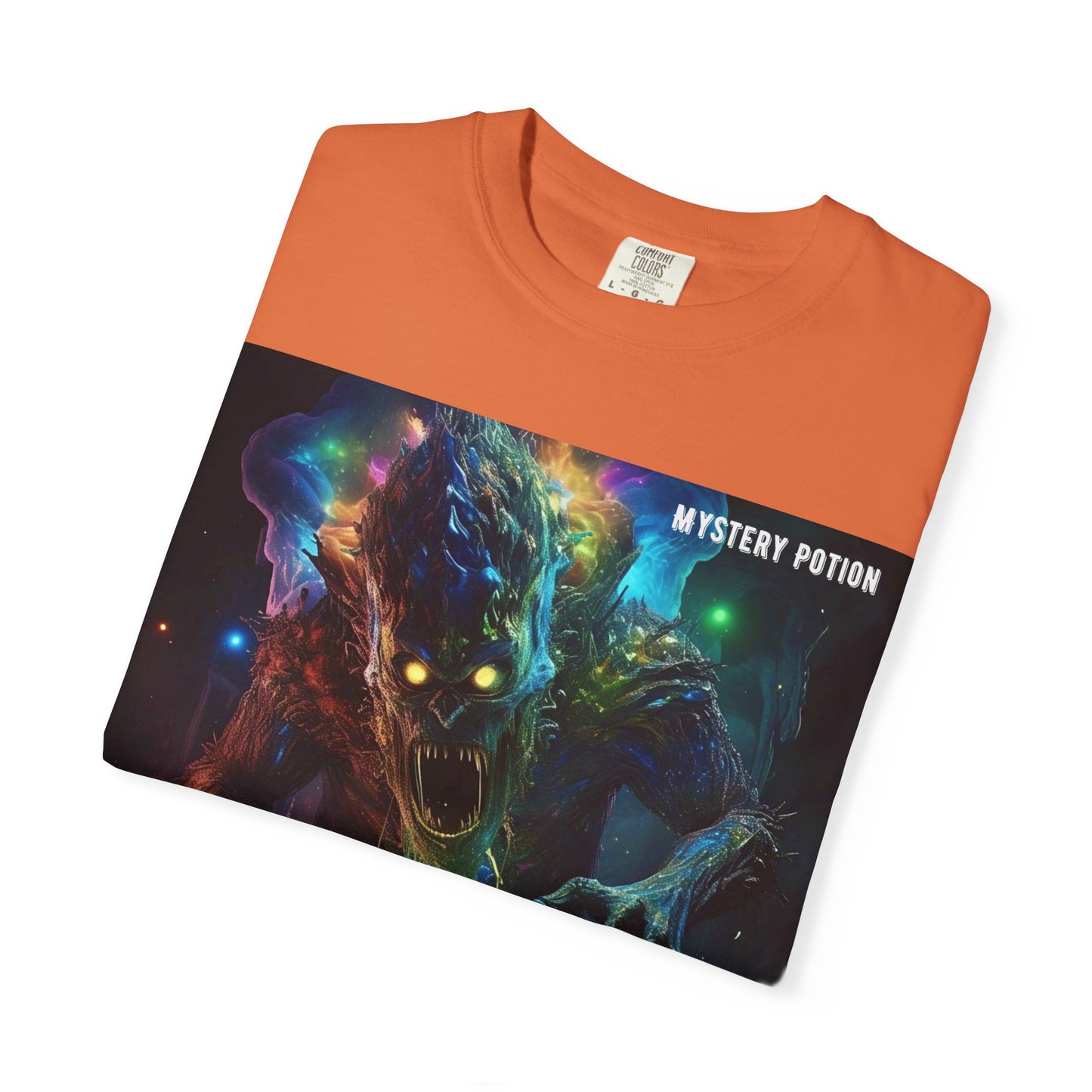 'Eating a Bicycle' by Mystery Potion, Unisex Garment-Dyed T-shirt, Monster Over City