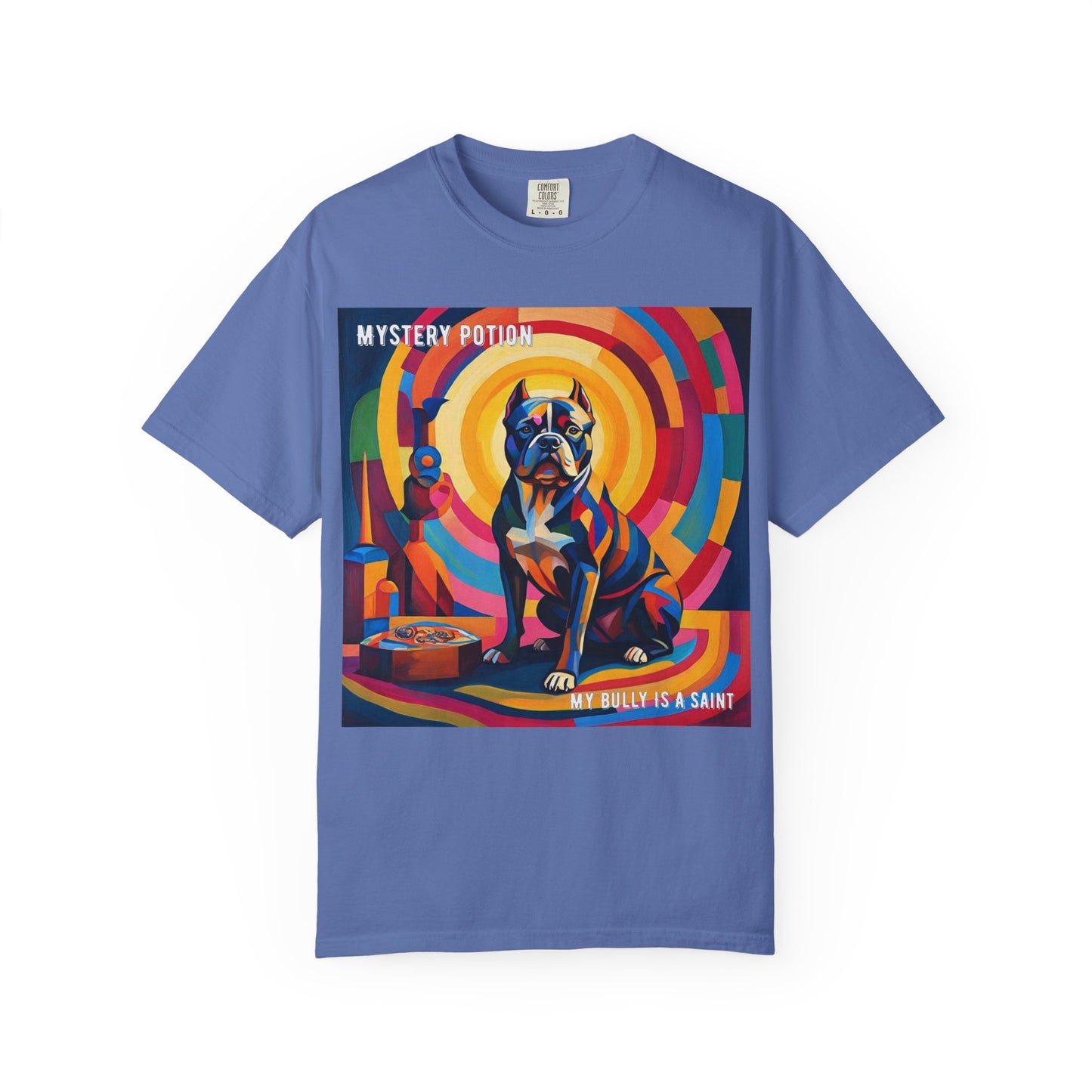 'My Bully Is A Saint' by Mystery Potion Colorful Dog Art T-shirt, Unisex Graphic Tee by Mystery Potion, Perfect for Pet Lovers, Comfy Casual Wear, Great Gift for Dog Lovers