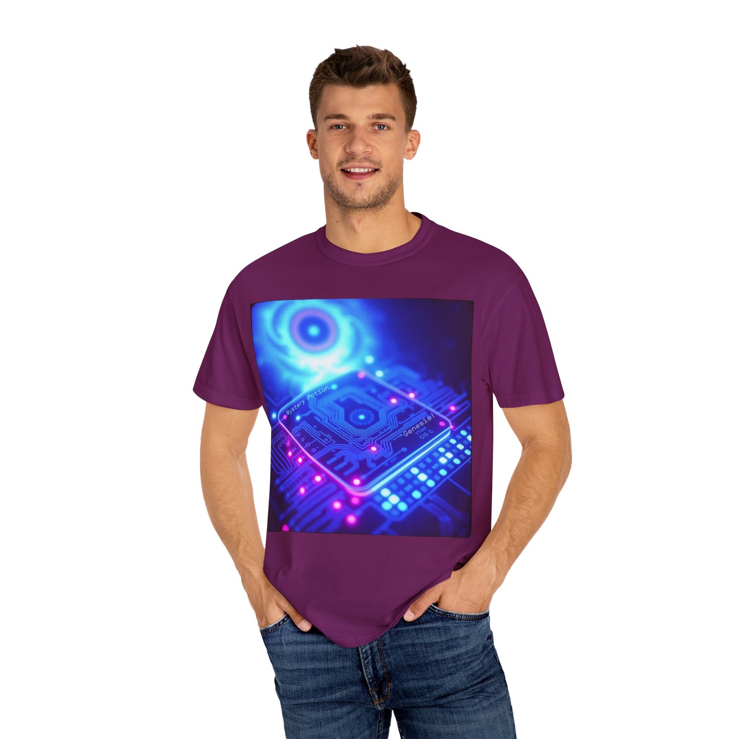 Genesis by Mystery Potion, Tech-Inspired Unisex Garment-Dyed T-Shirt, Unique Gift for Tech Lovers, Festival Wear, Casual Style, Gamer Apparel, Cyberpunk Vibe