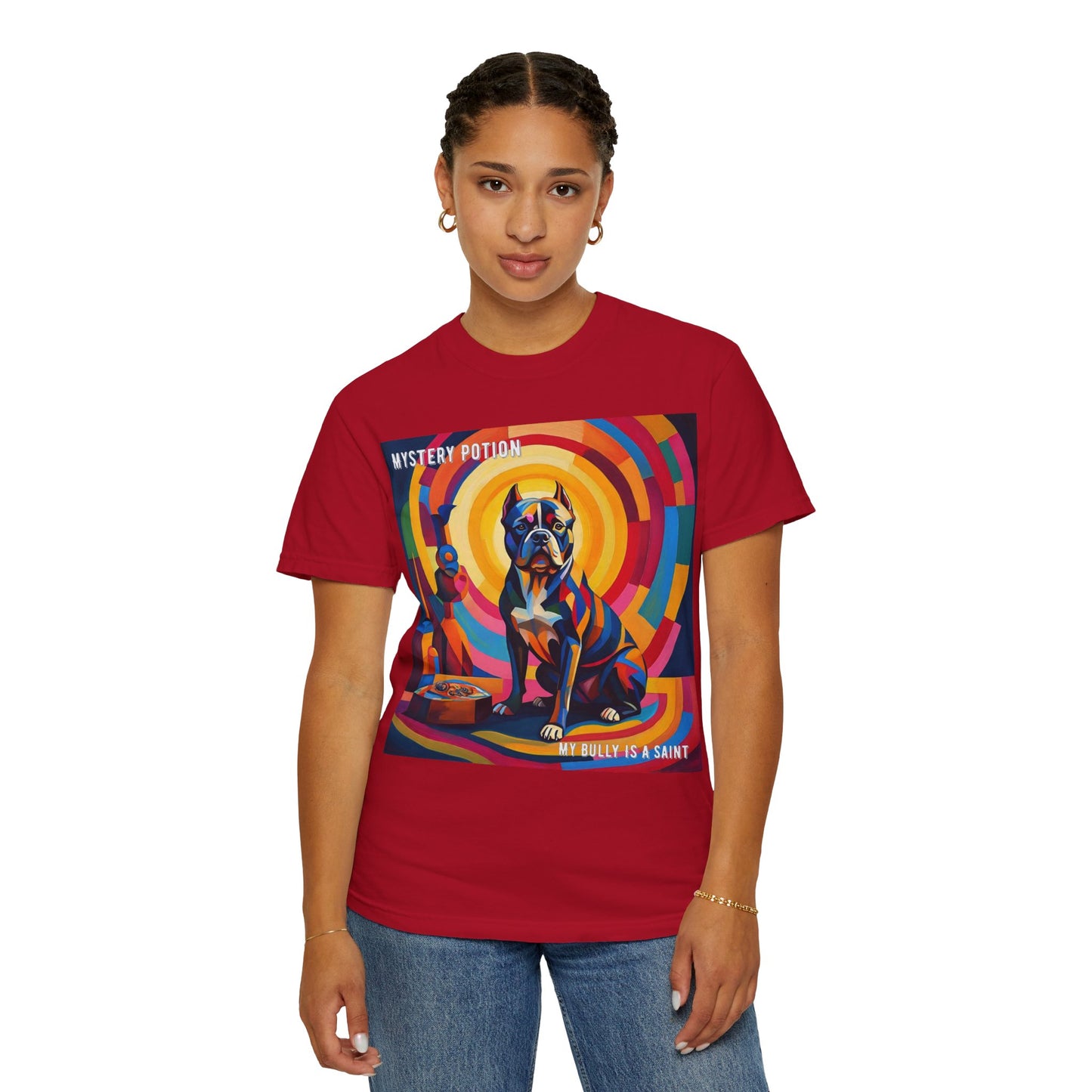 'My Bully Is A Saint' by Mystery Potion Colorful Dog Art T-shirt, Unisex Graphic Tee by Mystery Potion, Perfect for Pet Lovers, Comfy Casual Wear, Great Gift for Dog Lovers