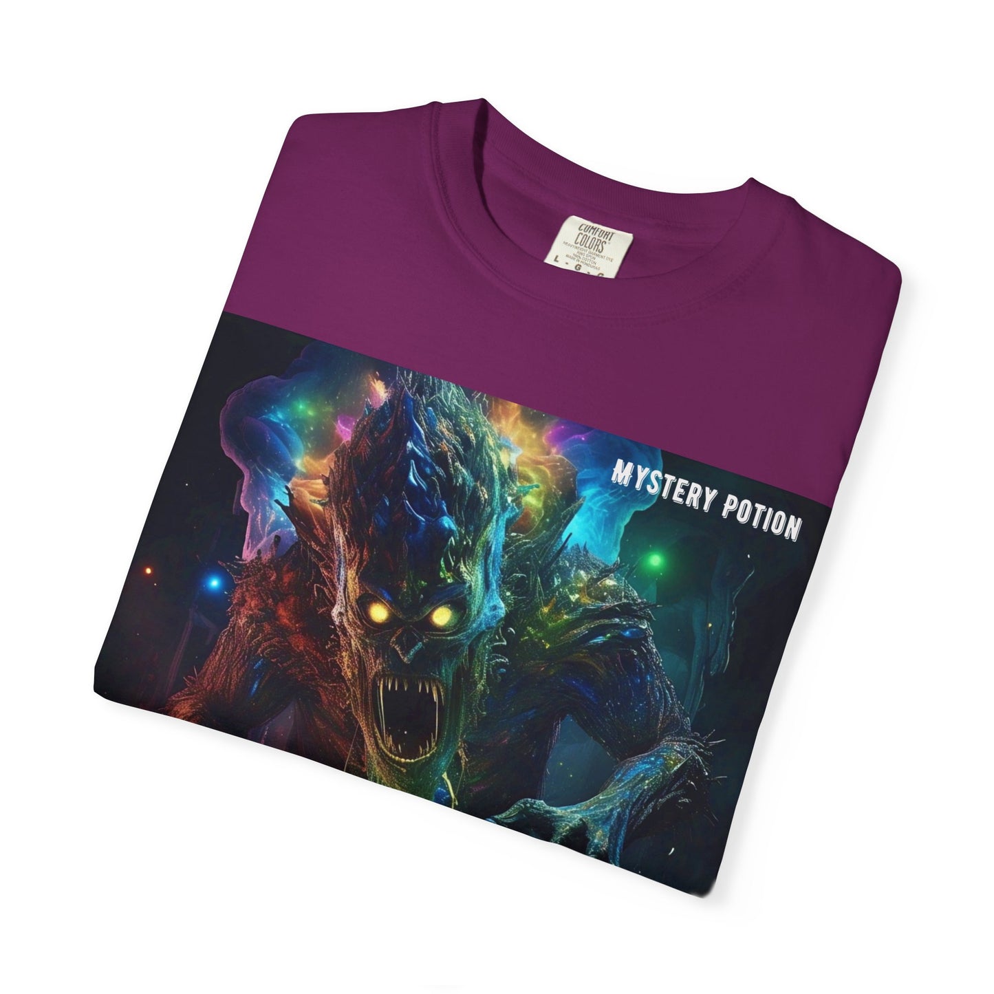 'Eating a Bicycle' by Mystery Potion, Unisex Garment-Dyed T-shirt, Monster Over City