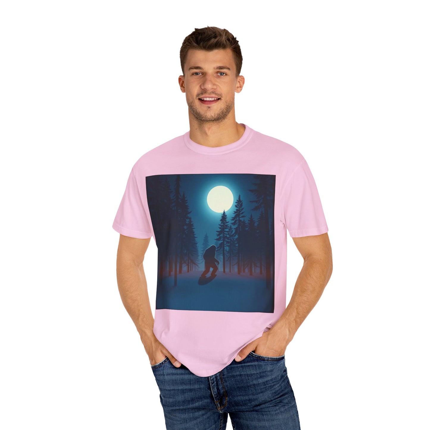 Moonlit Forest Snowboarder T-Shirt, Cozy Adventure Tee, Winter Sports Gift, Unisex Apparel, Outdoor Vibes