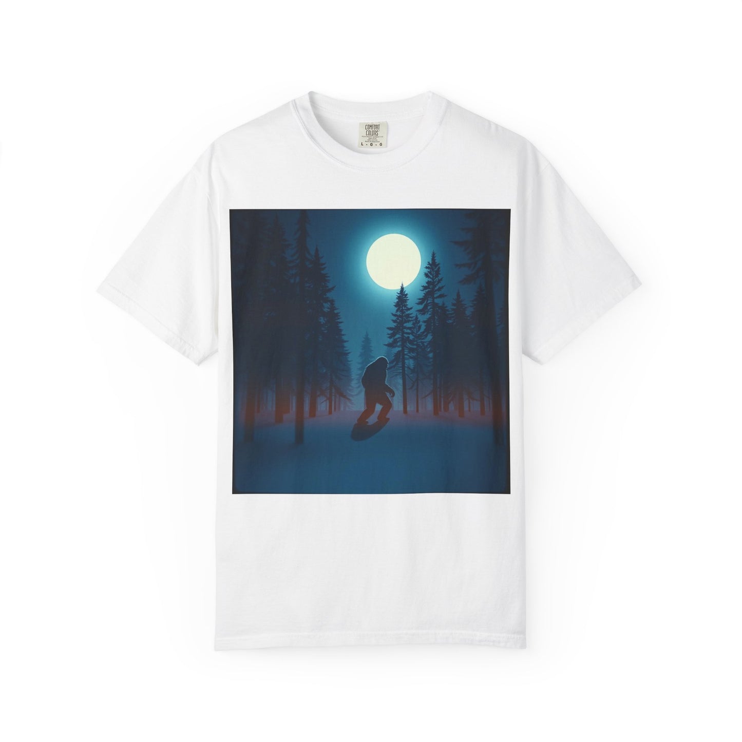 Moonlit Forest Snowboarder T-Shirt, Cozy Adventure Tee, Winter Sports Gift, Unisex Apparel, Outdoor Vibes