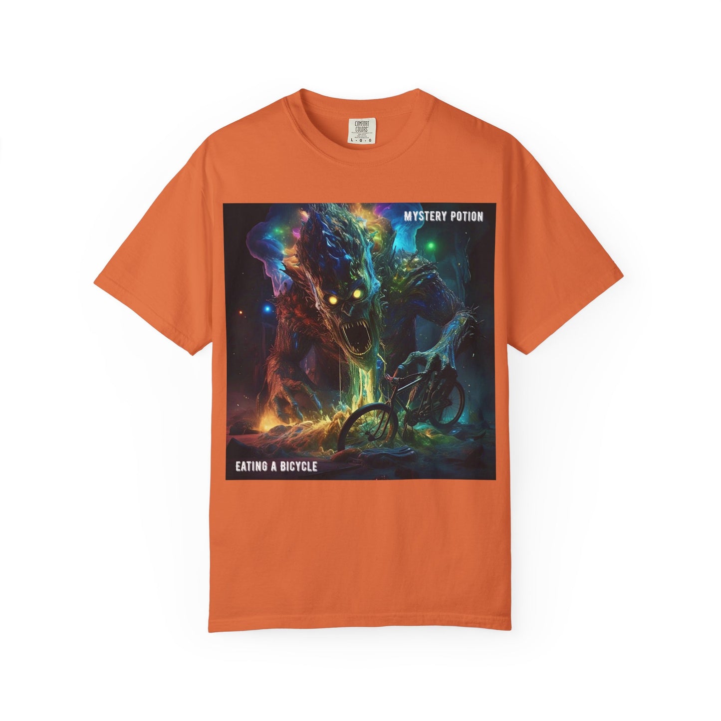 'Eating a Bicycle' by Mystery Potion, Unisex Garment-Dyed T-shirt, Monster Over City