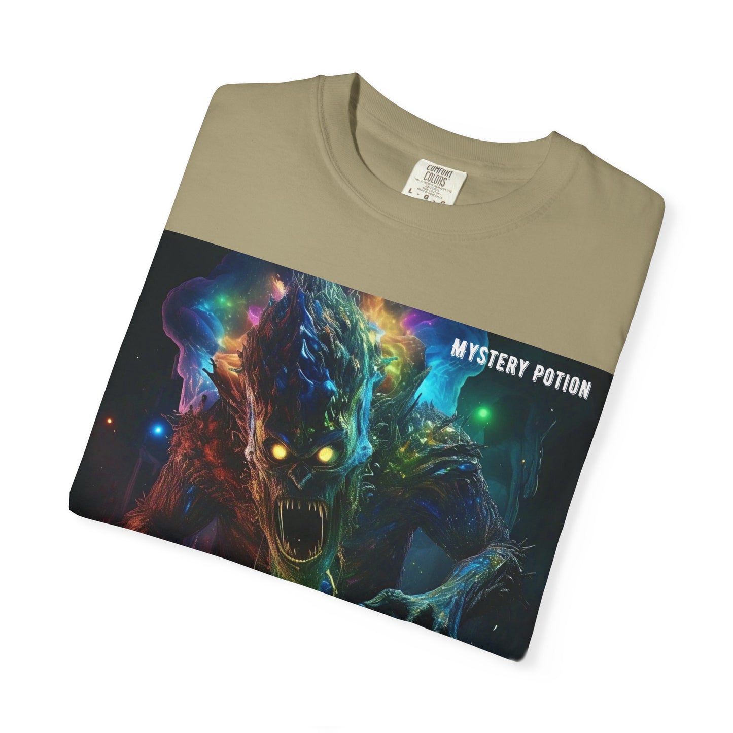 'Eating a Bicycle' by Mystery Potion, Unisex Garment-Dyed T-shirt, Monster Over City