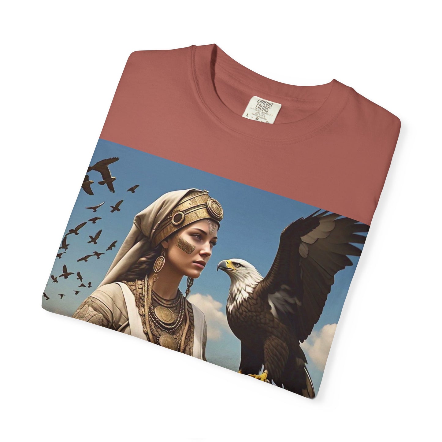 Empowered Eagle and Scythian Woman T-Shirt, Unisex Garment-Dyed Tee, Nature Lover Shirt, Gift for Bird Enthusiasts, Unique Graphic Tee