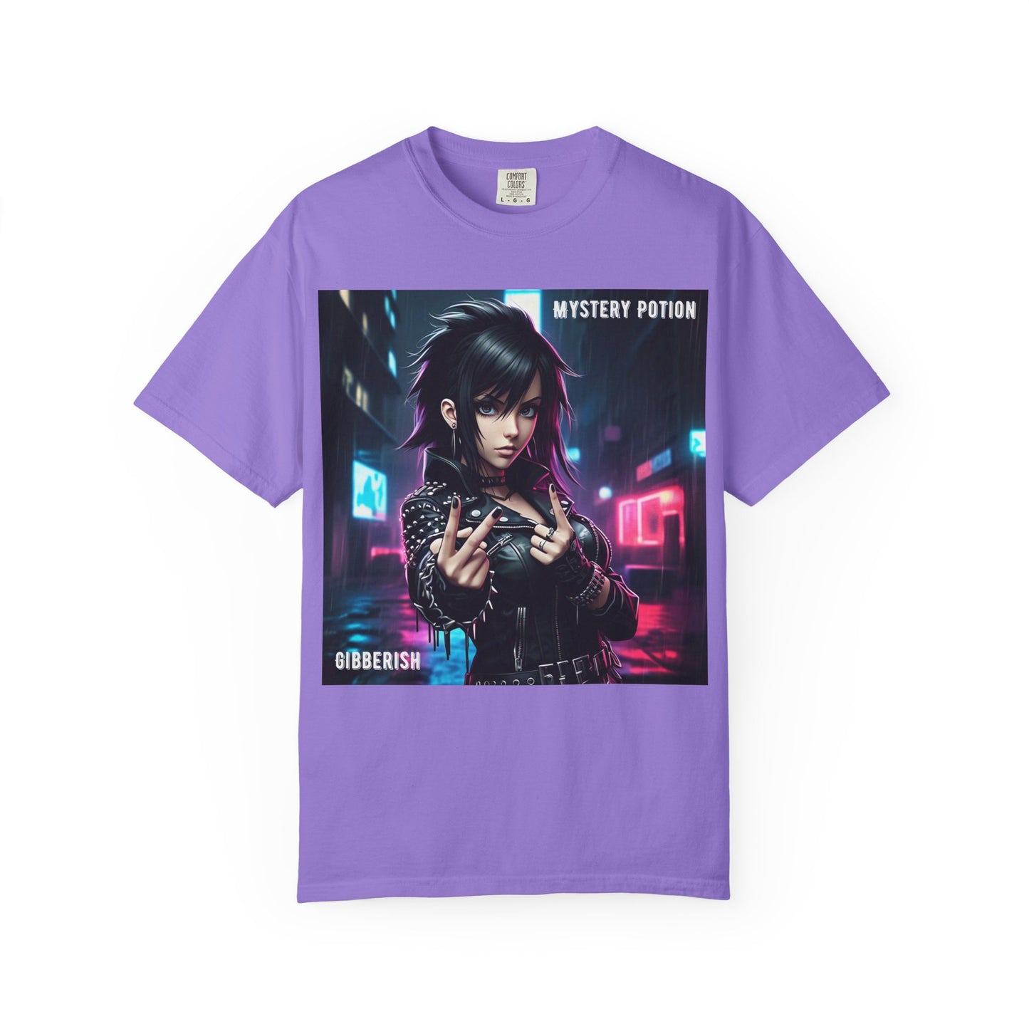 'Gibberish' by Mystery Potion, Cyberpunk Manga Graphic T-Shirt, Edgy Streetwear, Unisex Tee, Vintage Look, Gaming Style, Art Lover Gift
