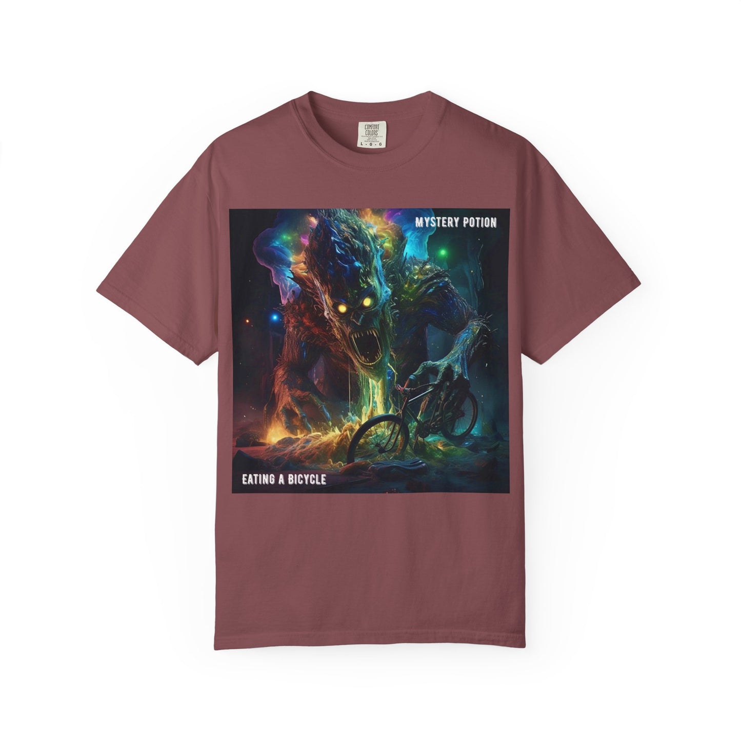 'Eating a Bicycle' by Mystery Potion, Unisex Garment-Dyed T-shirt, Monster Over City