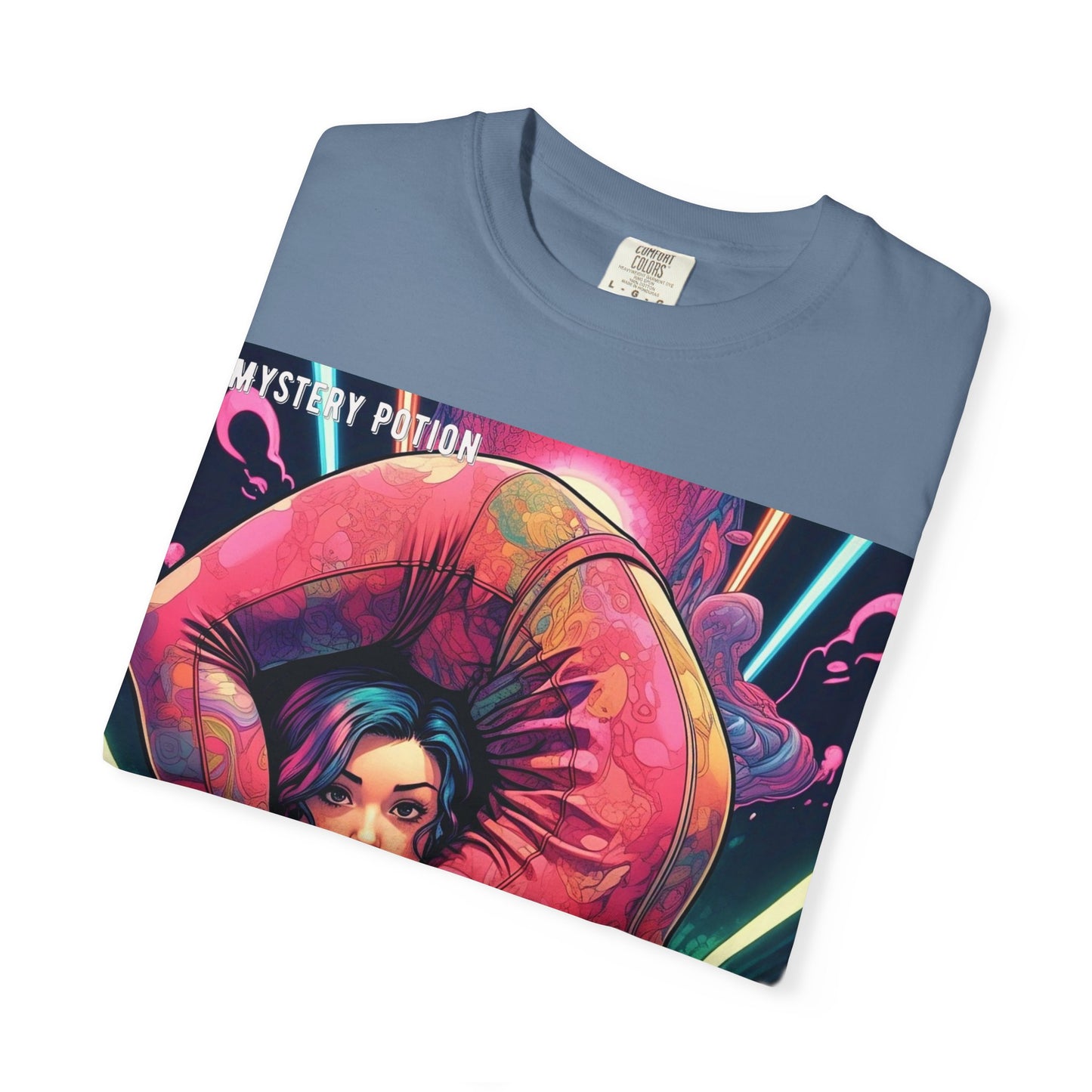 Mystery Potion Extreme Yoga Pose Unisex Garment-Dyed T-shirt, Artistic Tee, Vibrant Graphic Shirt, Unique Gift, Festival Wear, Comfortable Casual Top