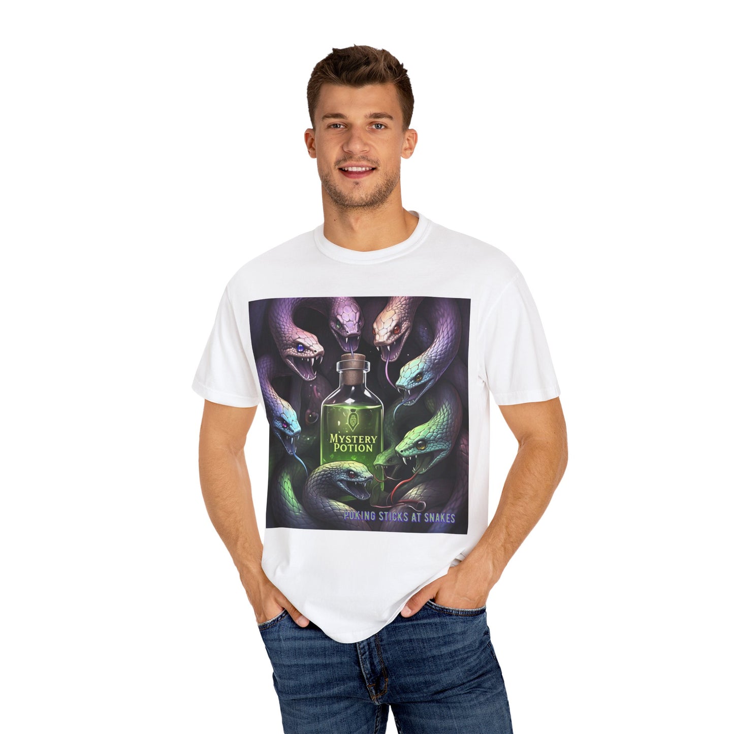 'Poking Sticks At Snakes' by Mystery Potion, Unisex T-shirt | Snakes Design | Perfect for Halloween, Gifts, Cozy Wear, Unique Apparel, Vintage Vibe