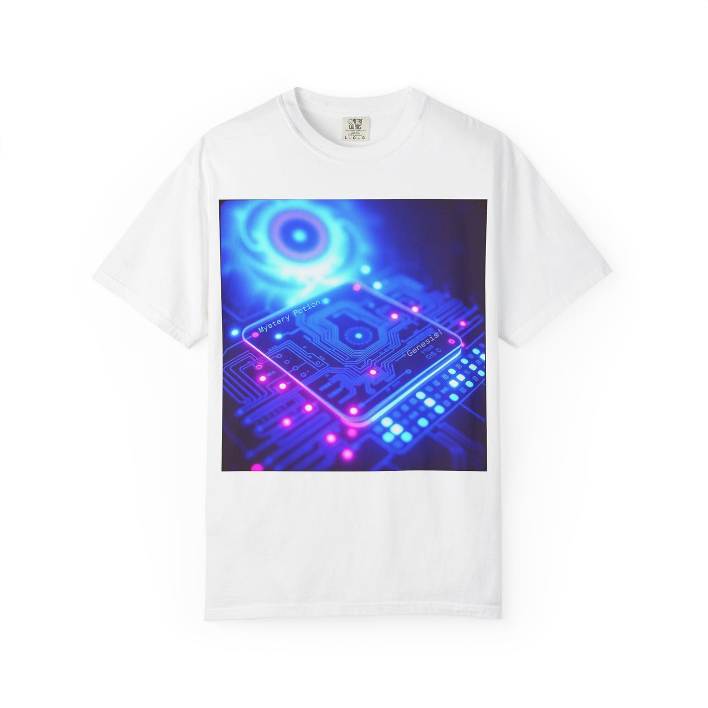 Genesis by Mystery Potion, Tech-Inspired Unisex Garment-Dyed T-Shirt, Unique Gift for Tech Lovers, Festival Wear, Casual Style, Gamer Apparel, Cyberpunk Vibe