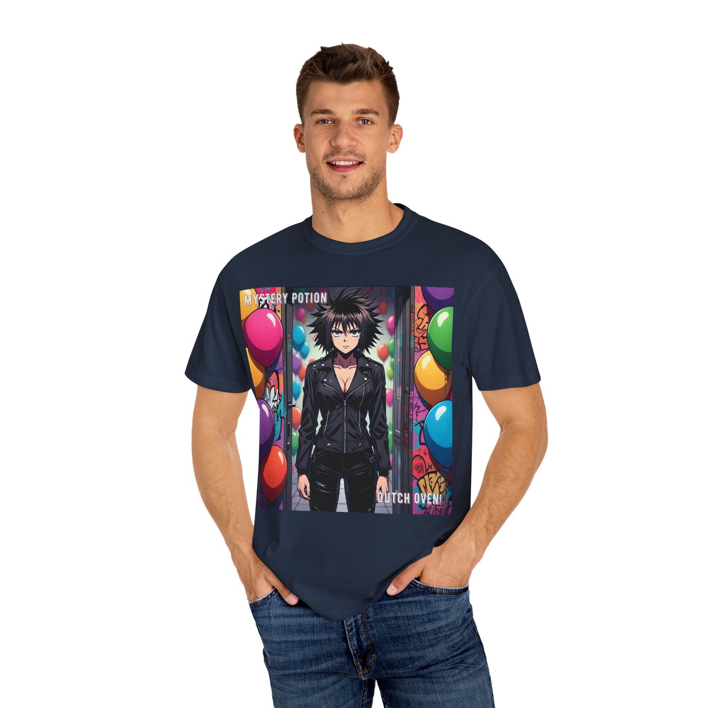 Mystery Potion's 'Dutch Oven', Whimsical Grabber Style Anime Graphic T-shirt featuring Bold Art, Anime Style Tee, Unisex Casual Wear, Gift for Friends, Trendy Statement Shirt