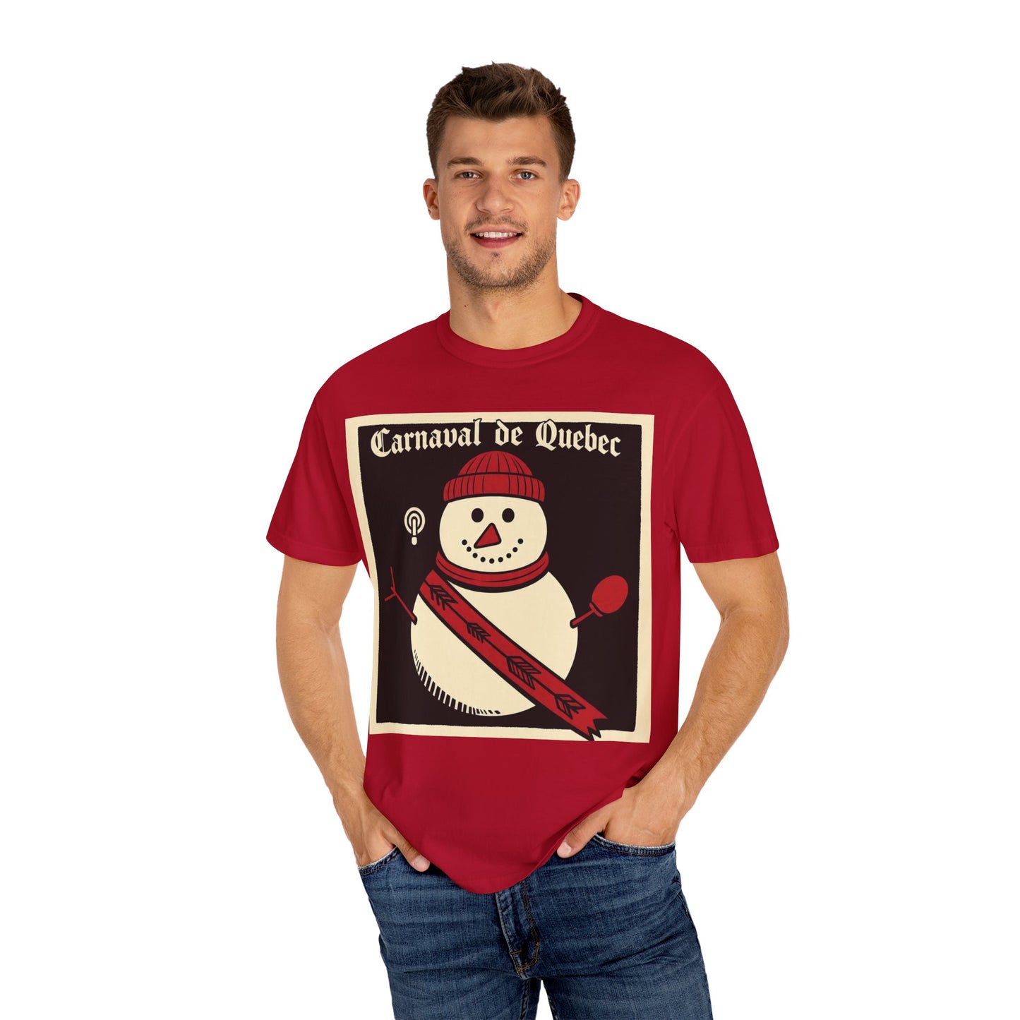 Quebec Carnaval Vintage Snowman Biker Lore Rocker T-Shirt, Cozy Winter Apparel, Unisex Snowman Graphic Tee, Festive Celebration Shirt, Winter Holiday Gift