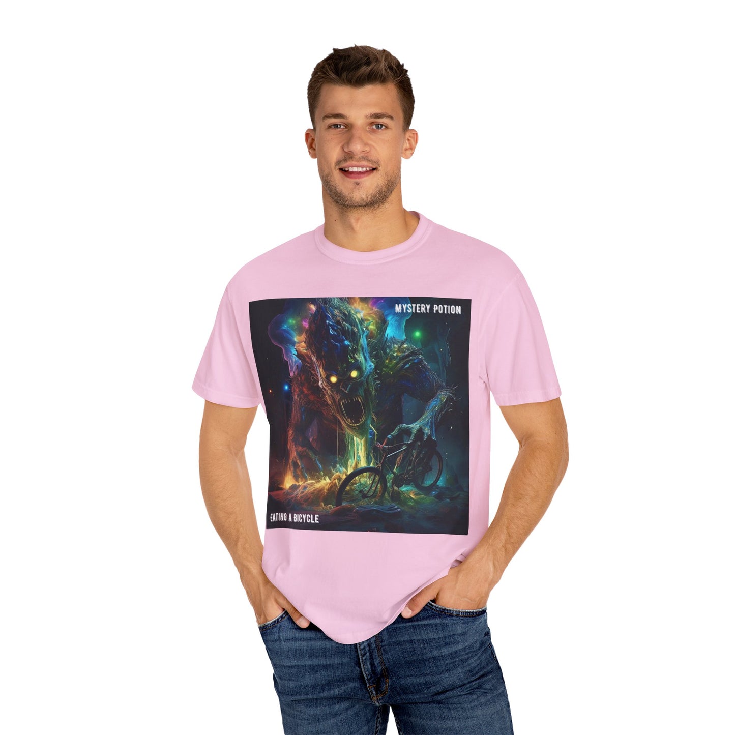 'Eating a Bicycle' by Mystery Potion, Unisex Garment-Dyed T-shirt, Monster Over City