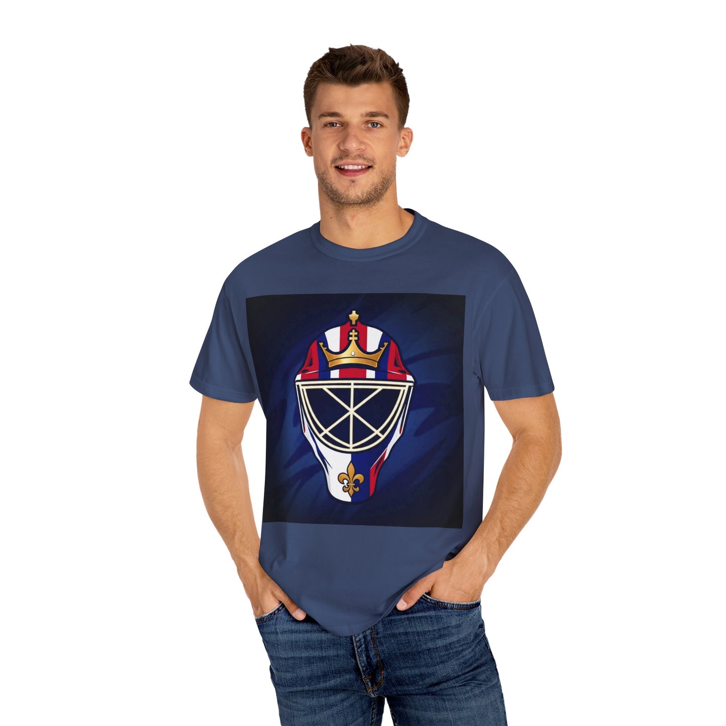 Regal Crown Goalie Mask Graphic T-shirt, Unisex Fashion Tee, Red, White and Blue Casual Wear, Gift for Her/Him, Summer Style, Graphic Apparel, Streetwear
