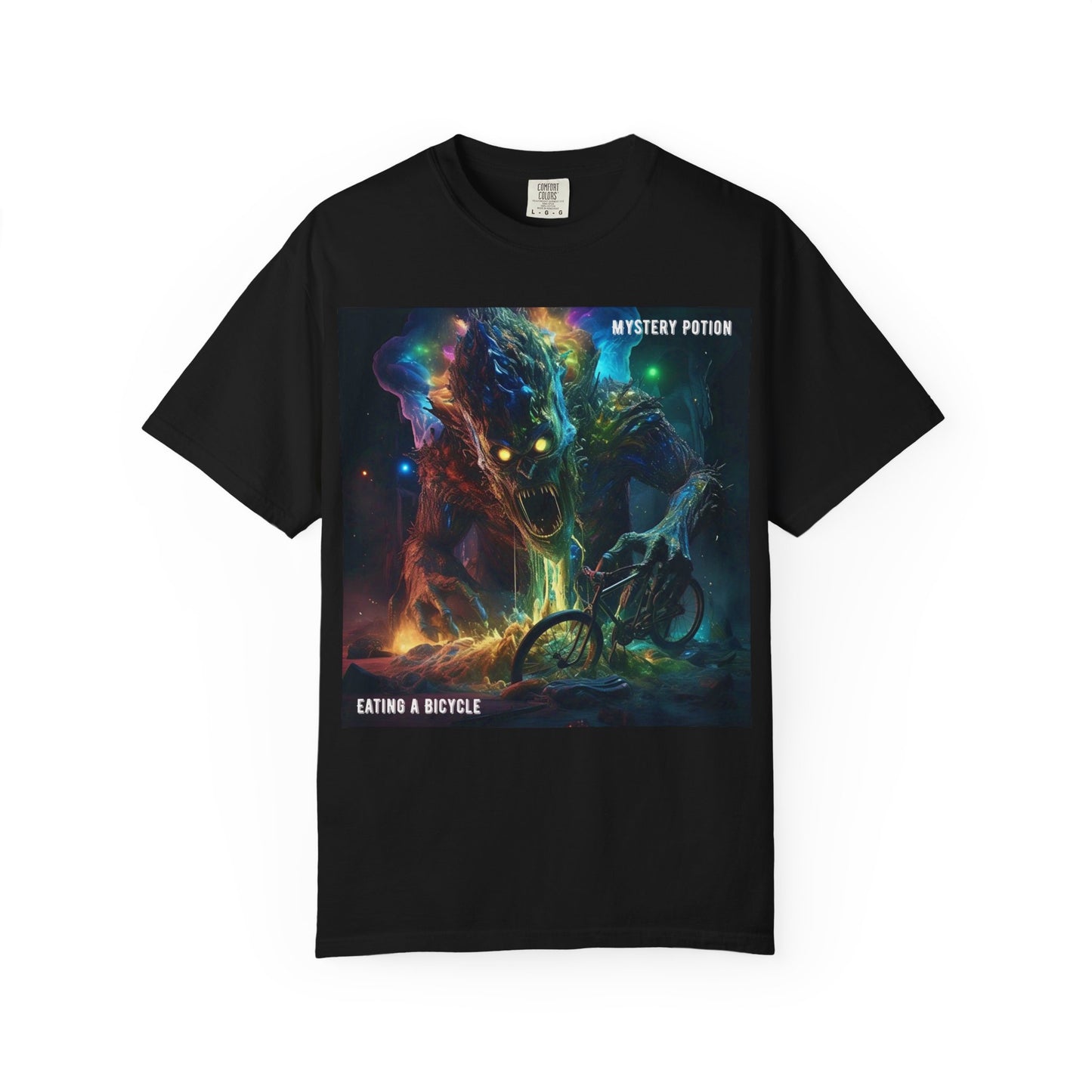 'Eating a Bicycle' by Mystery Potion, Unisex Garment-Dyed T-shirt, Monster Over City