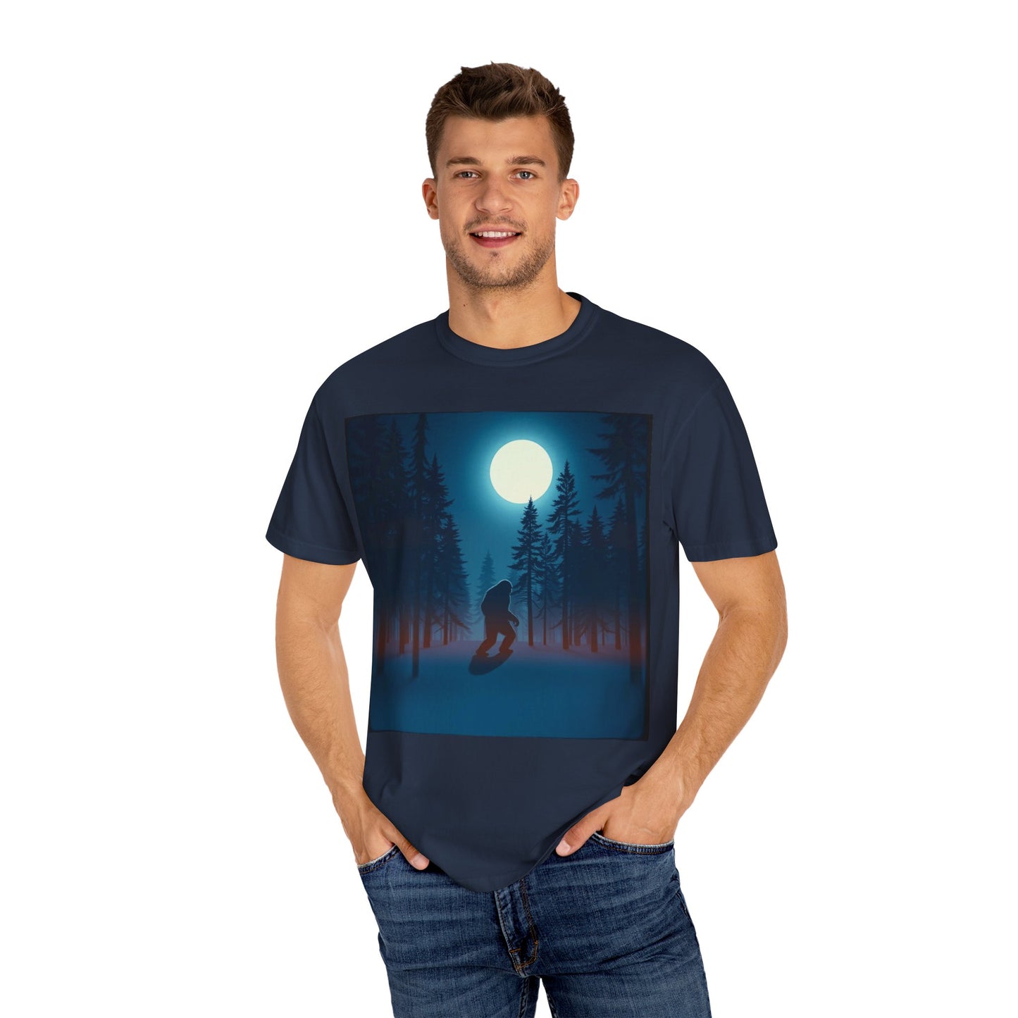 Moonlit Forest Snowboarder T-Shirt, Cozy Adventure Tee, Winter Sports Gift, Unisex Apparel, Outdoor Vibes