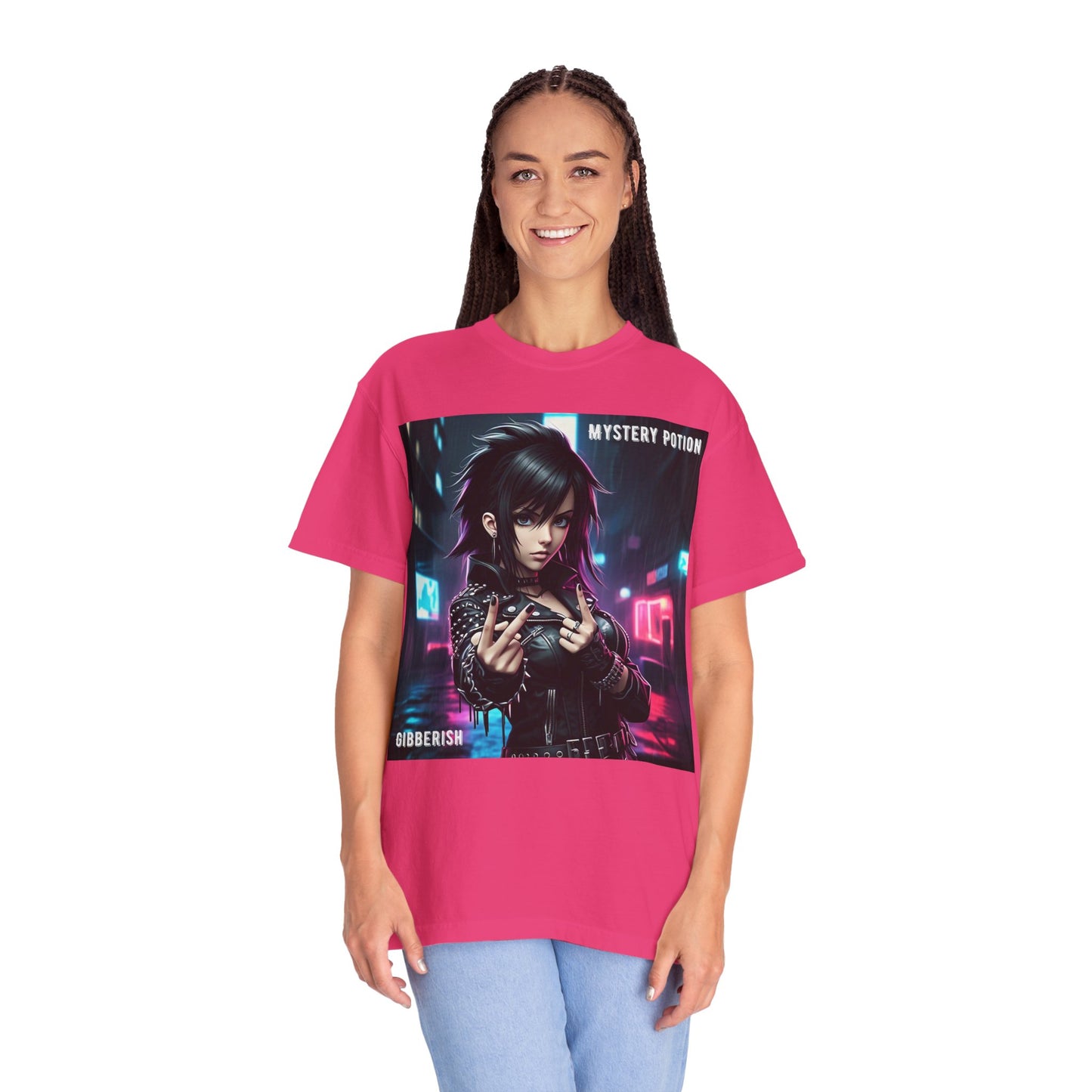 'Gibberish' by Mystery Potion, Cyberpunk Manga Graphic T-Shirt, Edgy Streetwear, Unisex Tee, Vintage Look, Gaming Style, Art Lover Gift