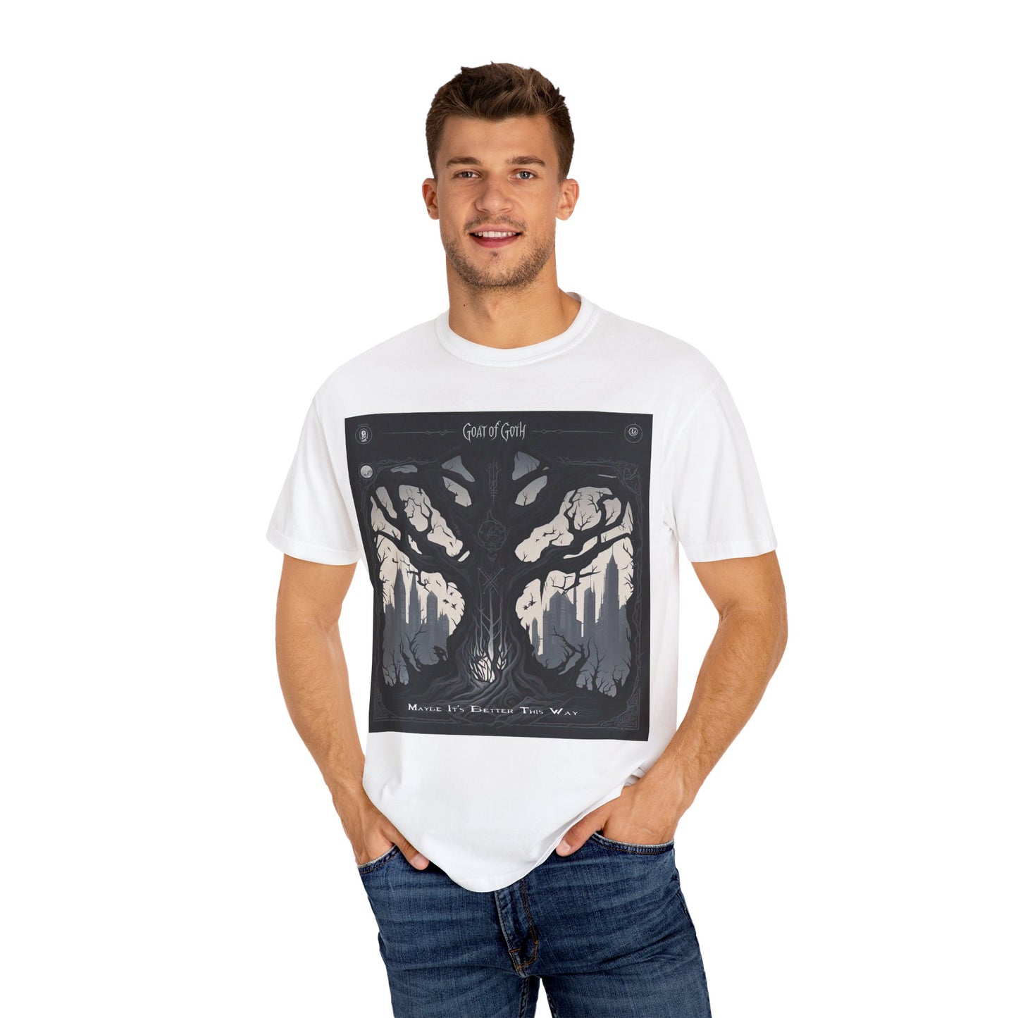 Gothic Tree T-Shirt, GOAT of Goth Unisex Cotton Tee for Nature Lovers, Unique Graphic Tee, Perfect for Festivals, Gift for Adventurers, Eco-Friendly Wear