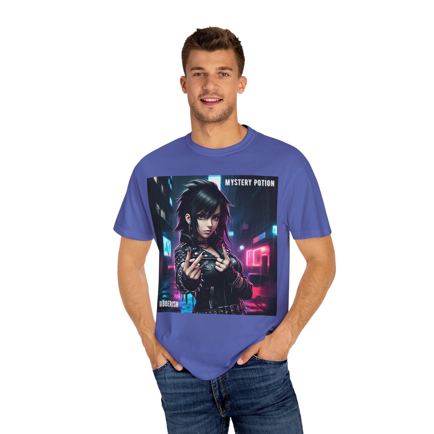 'Gibberish' by Mystery Potion, Cyberpunk Manga Graphic T-Shirt, Edgy Streetwear, Unisex Tee, Vintage Look, Gaming Style, Art Lover Gift